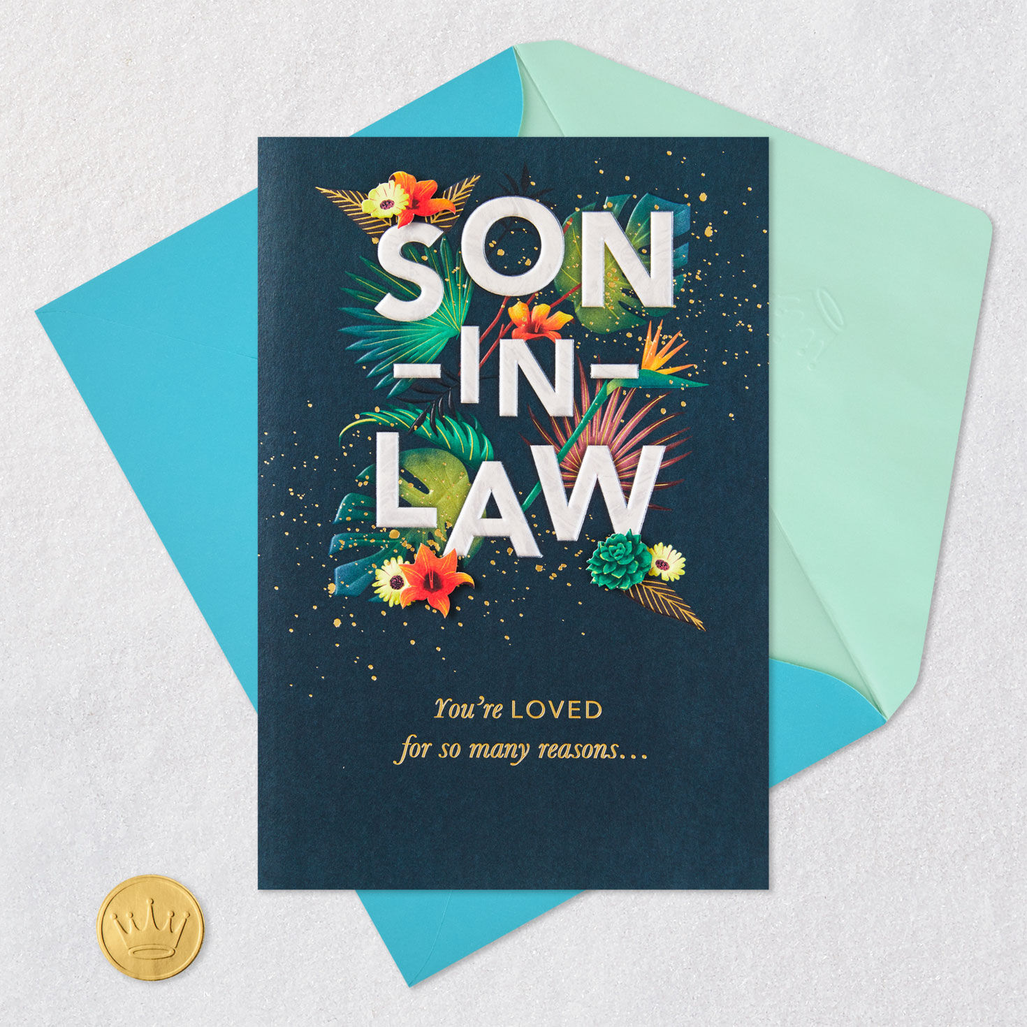 Tropical Flowers on Blue Son-in-Law Birthday Card Card Front with Envelope and Gold Seal image number 6