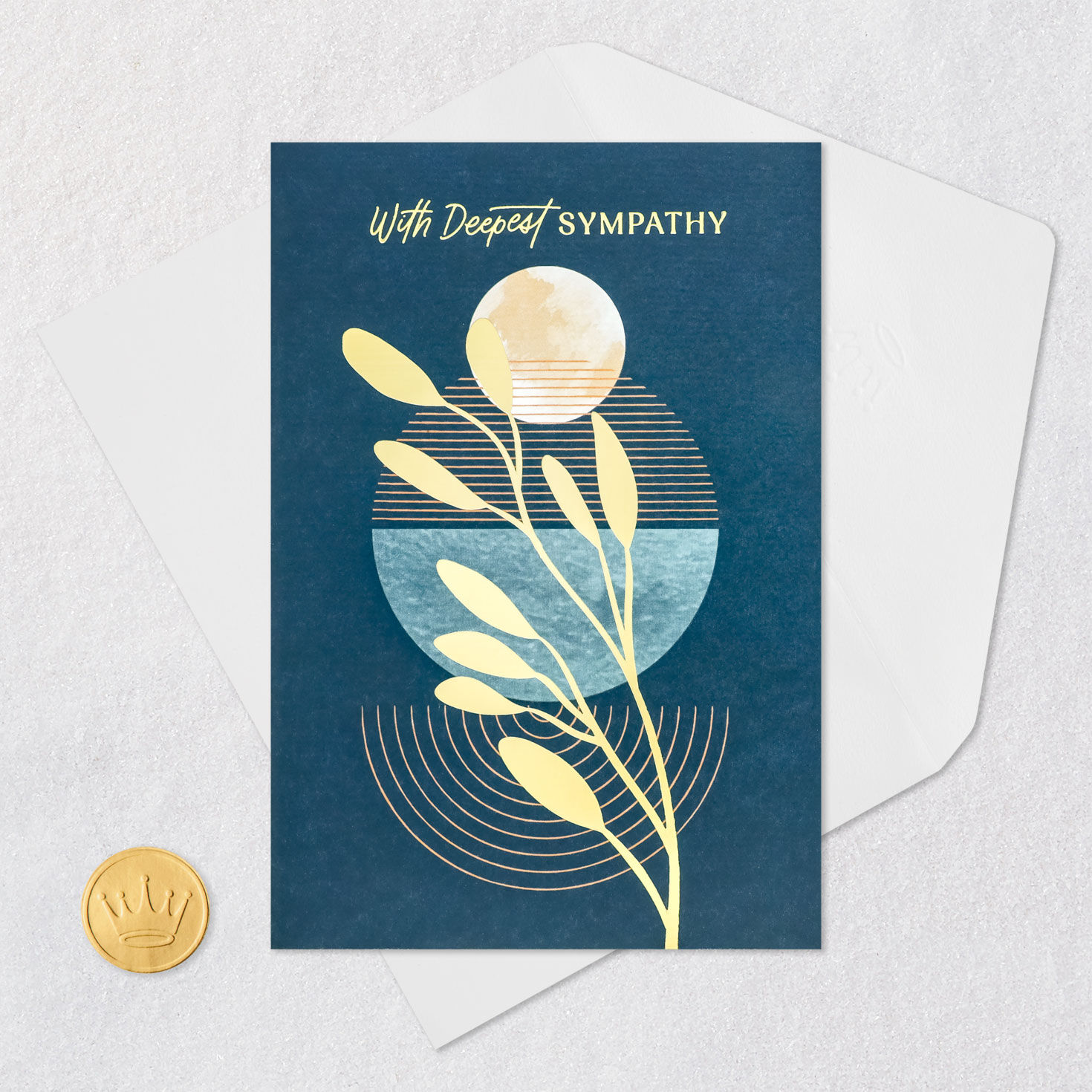 Abstract Art in Teal and Gold Leaves Sympathy Card Card Front with Envelope and Gold Seal image number 5