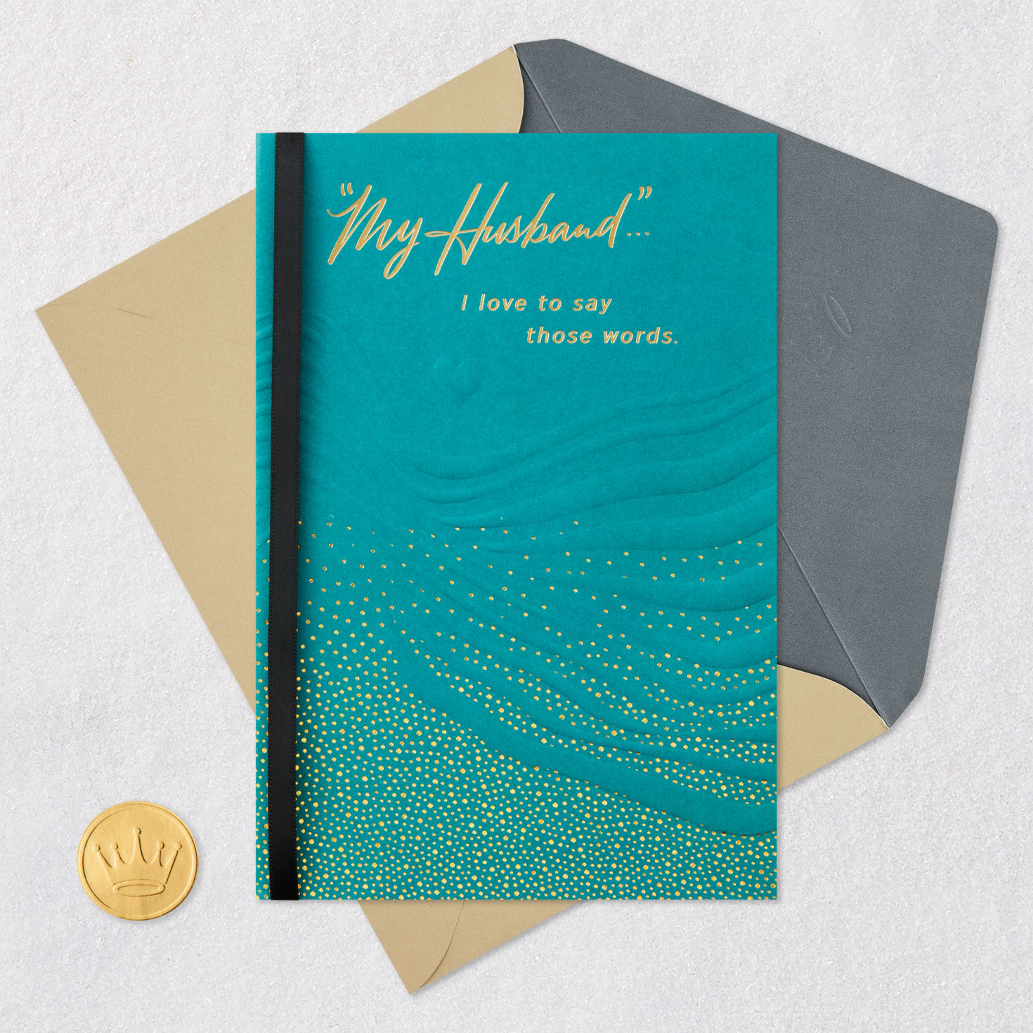 Teal Waves Romantic Anniversary Card for Husband Card Front with Envelope and Gold Seal image number 7