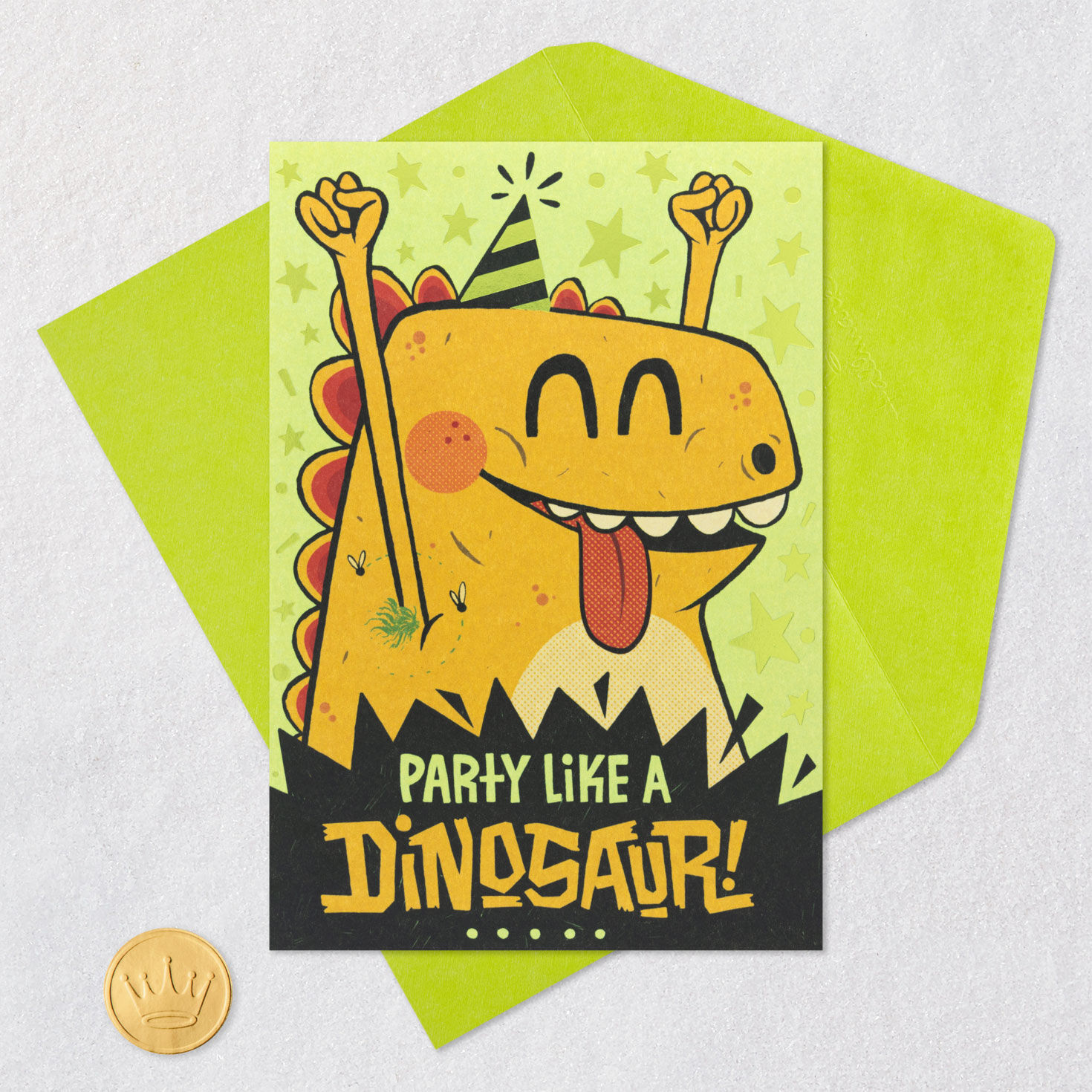 Dinosaur in Party Hat Kids Birthday Card With Stickers Card Front with Envelope and Gold Seal image number 6