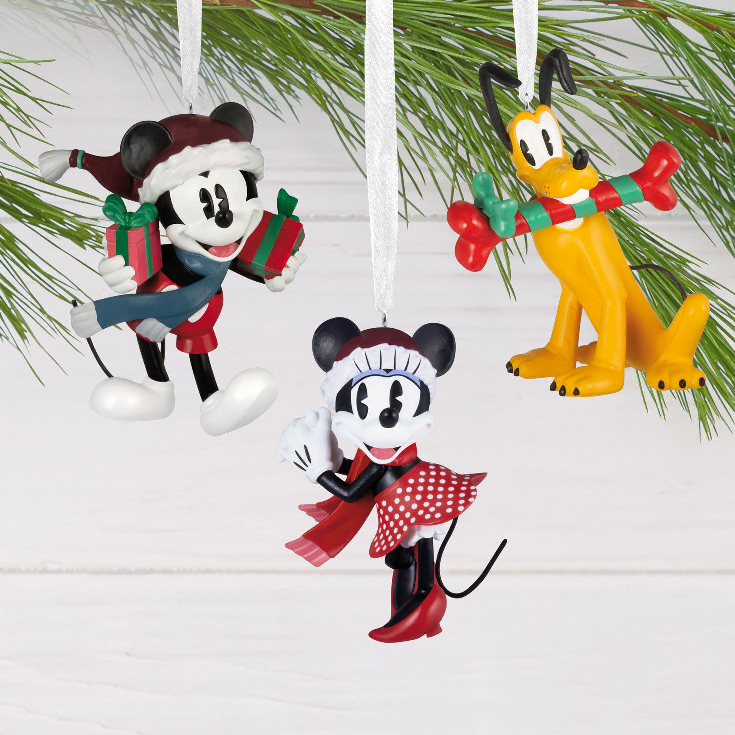 Mickey, Minnie, Pluto Christmas Set of 3 Ornaments hanging on tree image number 2