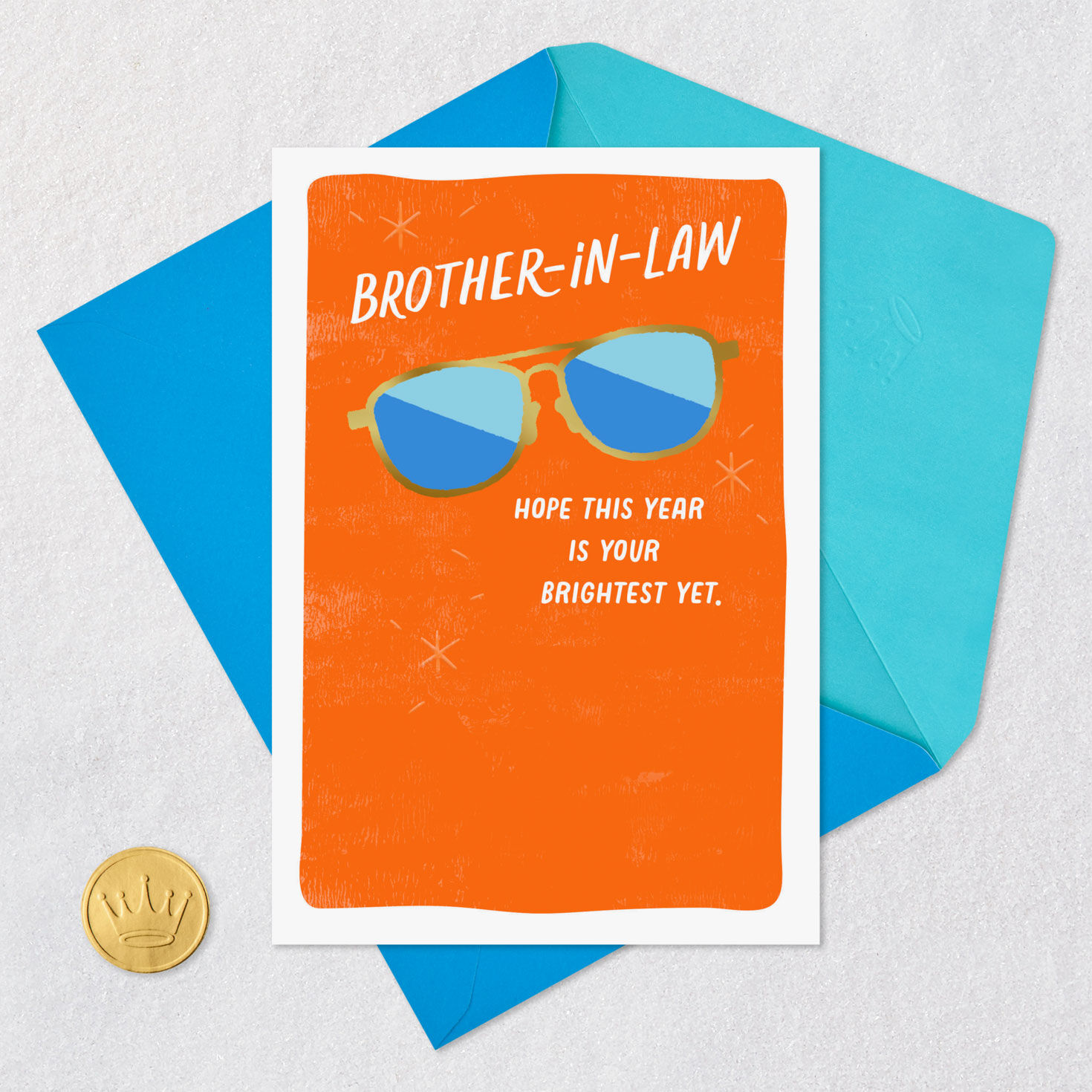 Blue Sunglasses on Orange Brother-In-Law Birthday Card Card Front with Envelope and Gold Seal image number 5