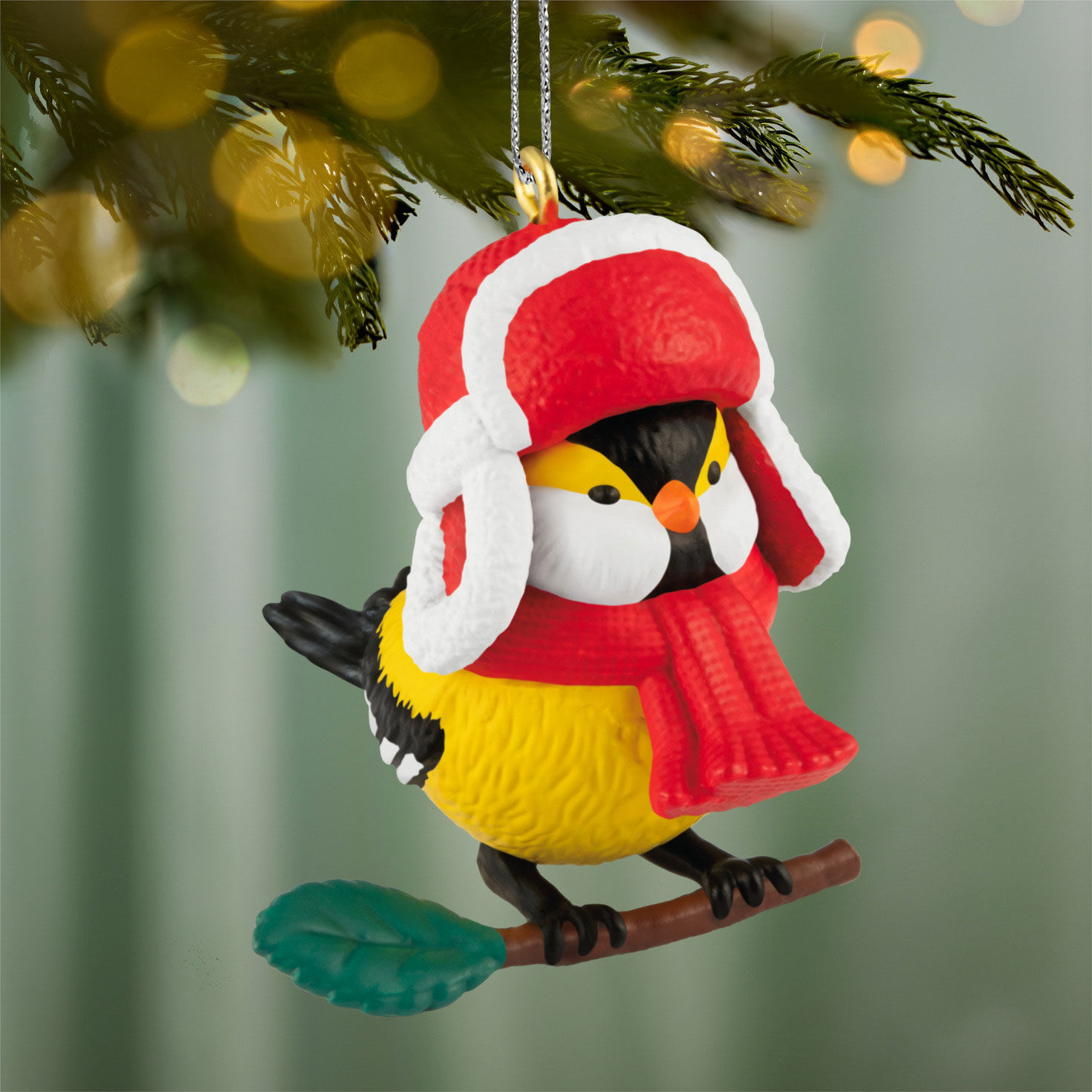 Yellow Bird in Hat and Scarf Keepsake Ornament hanging on tree image number 2