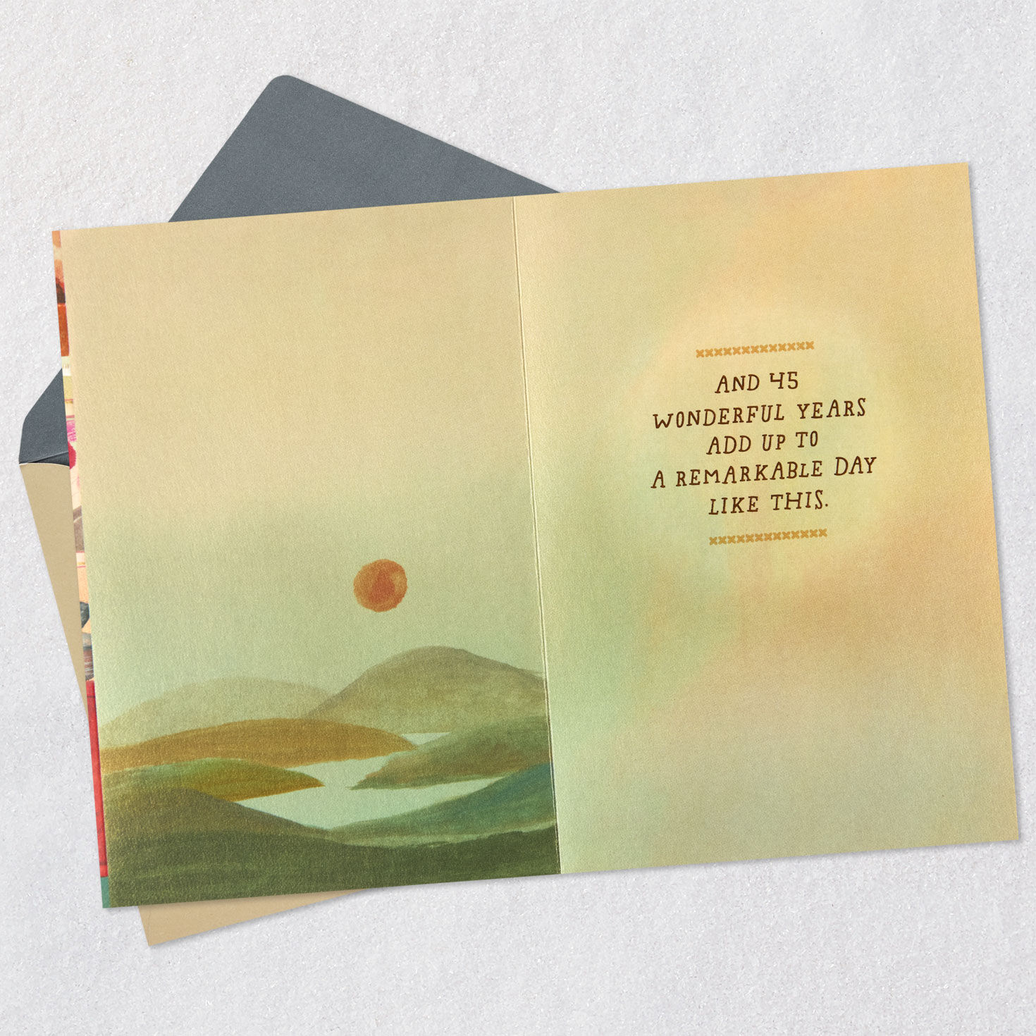 Family Photos and Needlepoint on Home Wall 45th Anniversary Card Open card with envelope image number 3