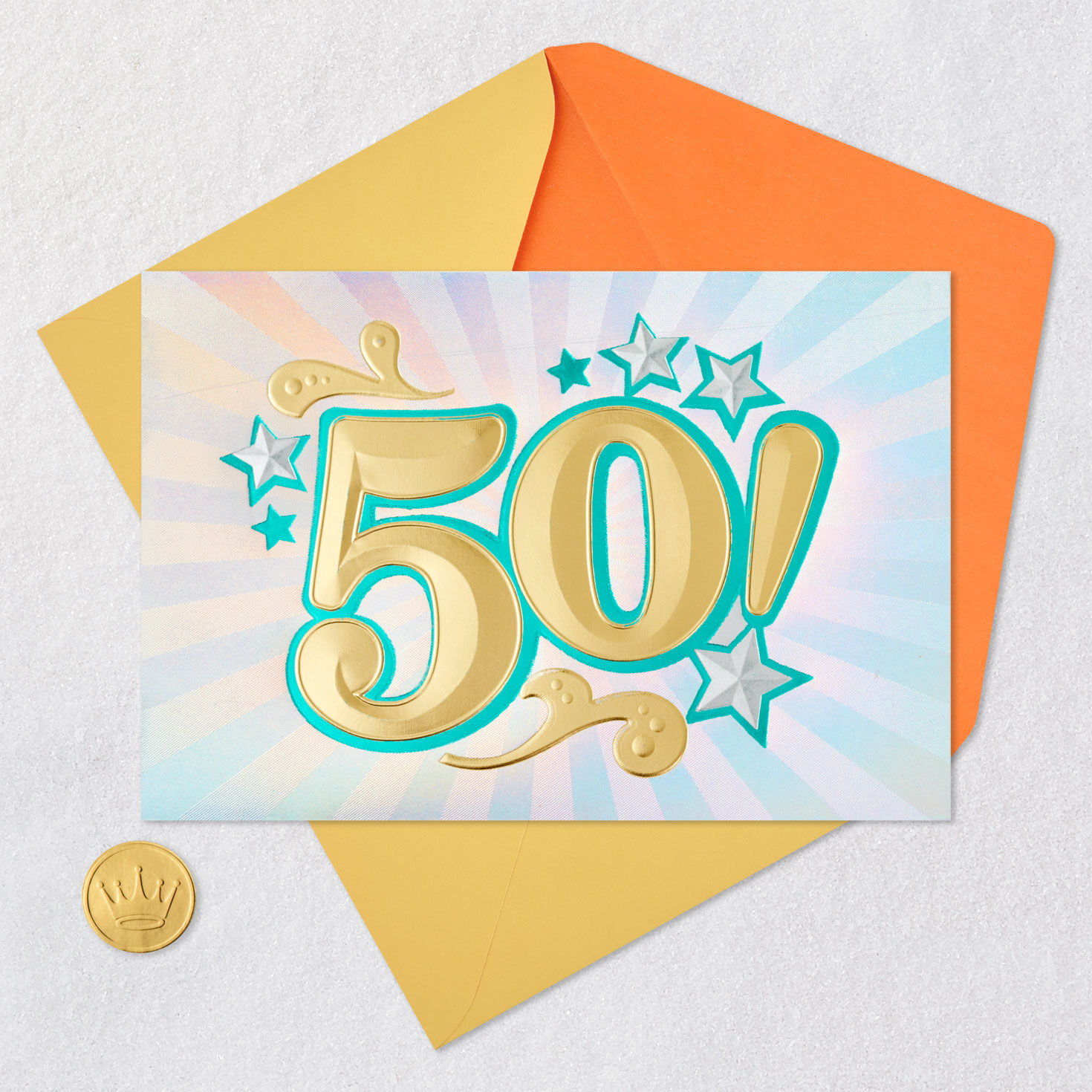 Stars and Sunburst Rays Shiny 50th Birthday Card Card Front with Envelope and Gold Seal image number 5