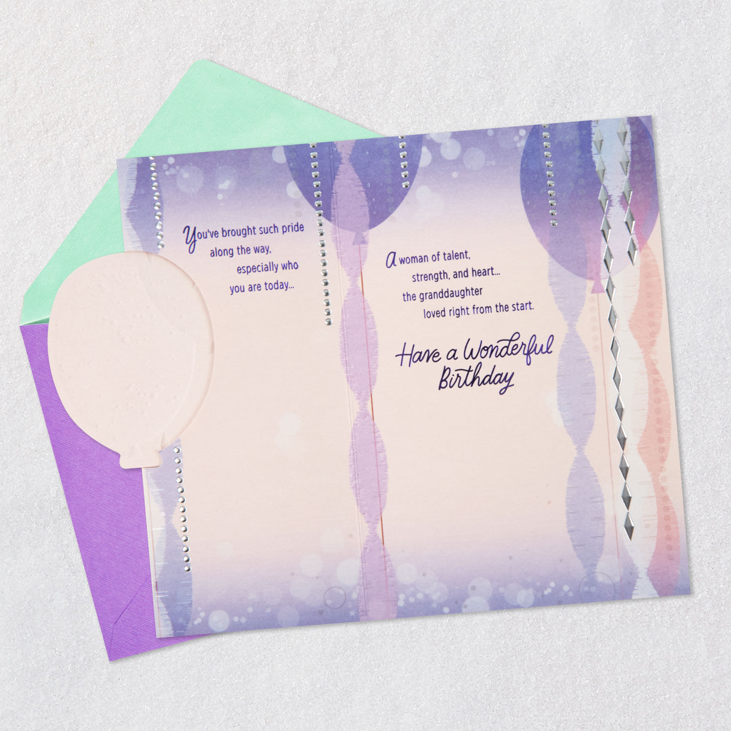 Balloons and Streamers Granddaughter Birthday Card Open card with envelope image number 5