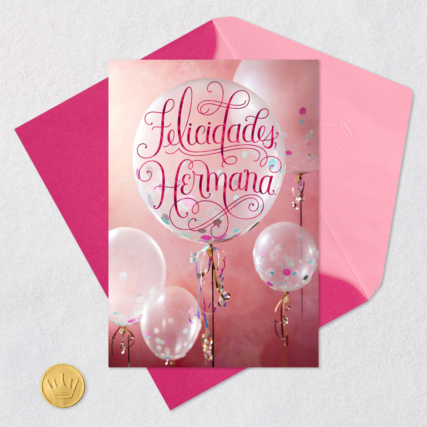 Clear Balloons With Confetti Birthday Card for Sister in Spanish Card Front with Envelope and Gold Seal image number 5