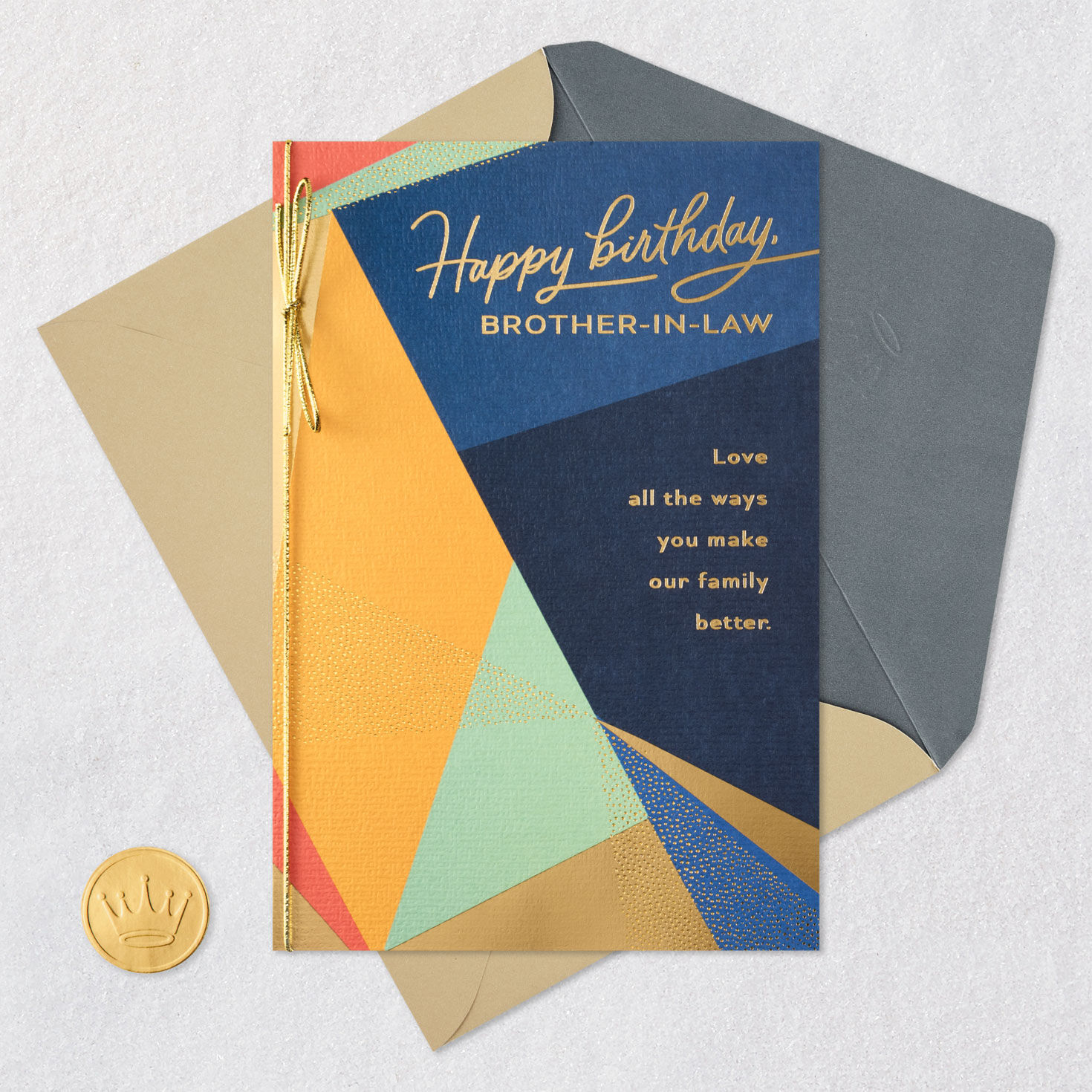Abstract Navy, Gold, Coral Brother-in-law Birthday Card Card Front with Envelope and Gold Seal image number 6