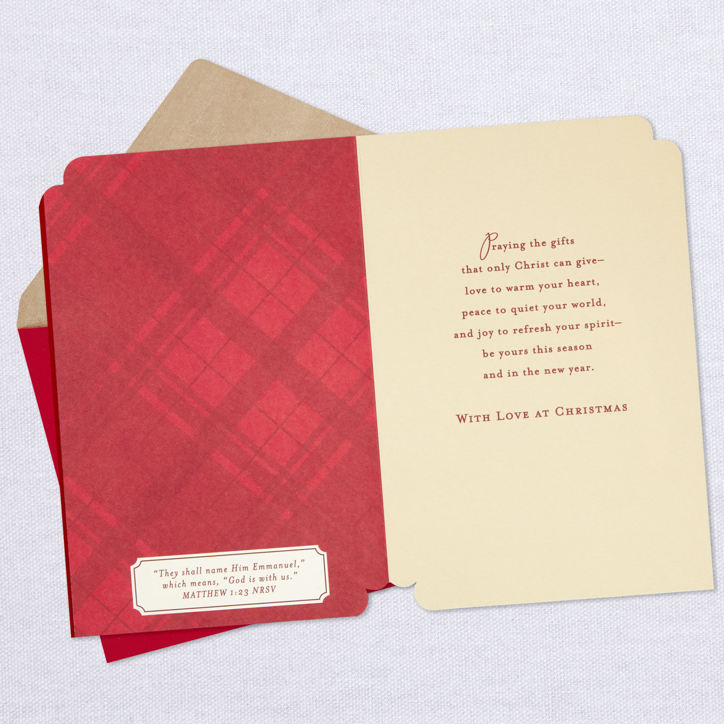 Poinsettia & Plaid Religious Christmas Card for Parents Open card with envelope image number 3