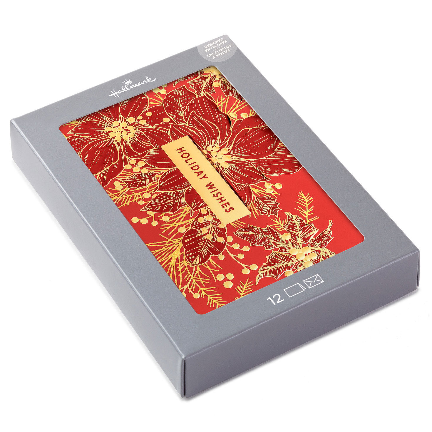 Red and Gold Poinsettias Boxed Christmas Cards, Pack of 12