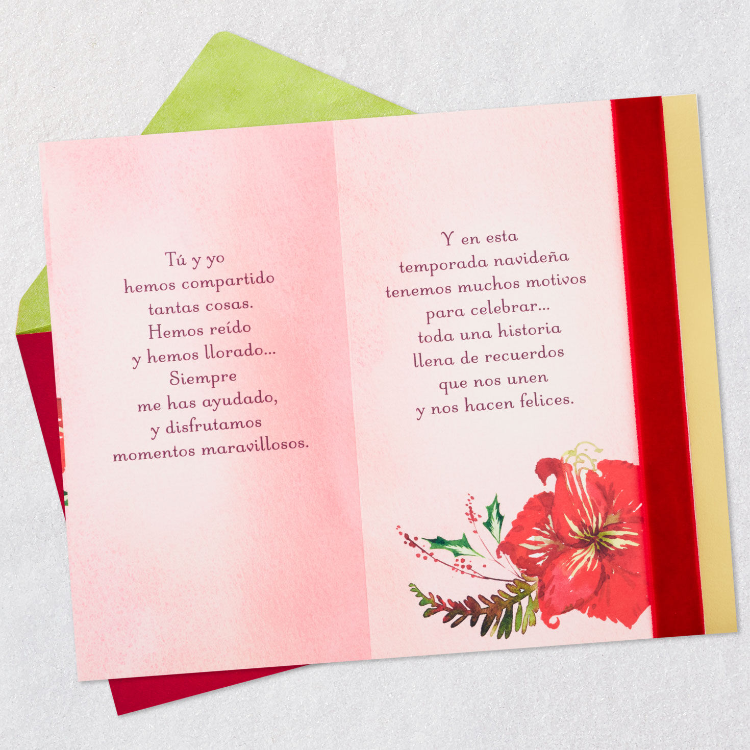 Red Floral Christmas Card in Spanish for Mom Open card with envelope image number 4