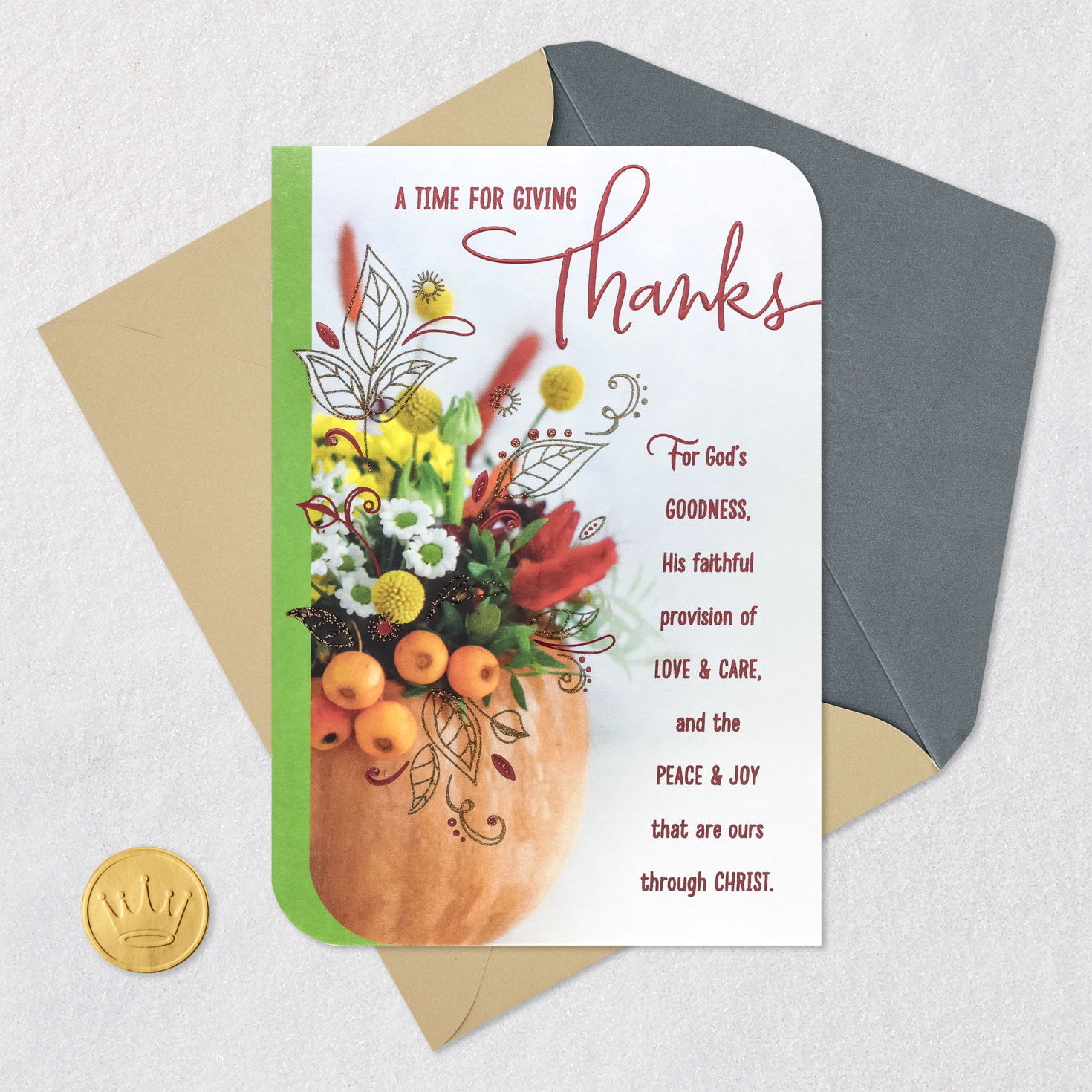 Pumpkin Bouquet Religious Thanksgiving Card Card Front with Envelope and Gold Seal image number 6