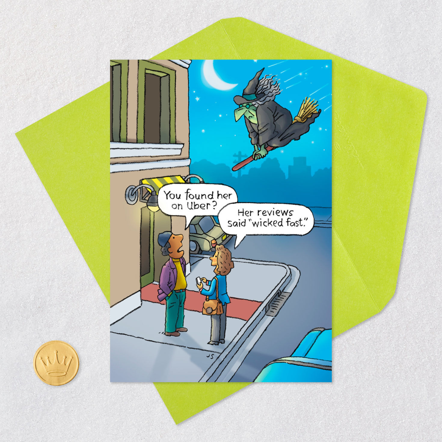 Witch on Broom Uber Funny Halloween Card Card Front with Envelope and Gold Seal image number 5