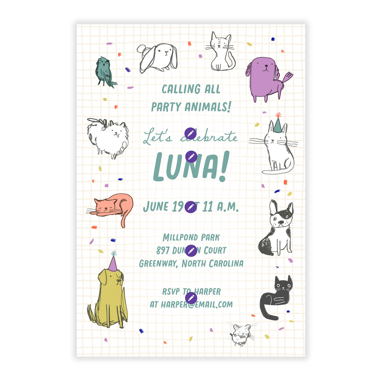 Dog Cat Illustrations Personalized Party Invite Card Front indicating personalization image number 5