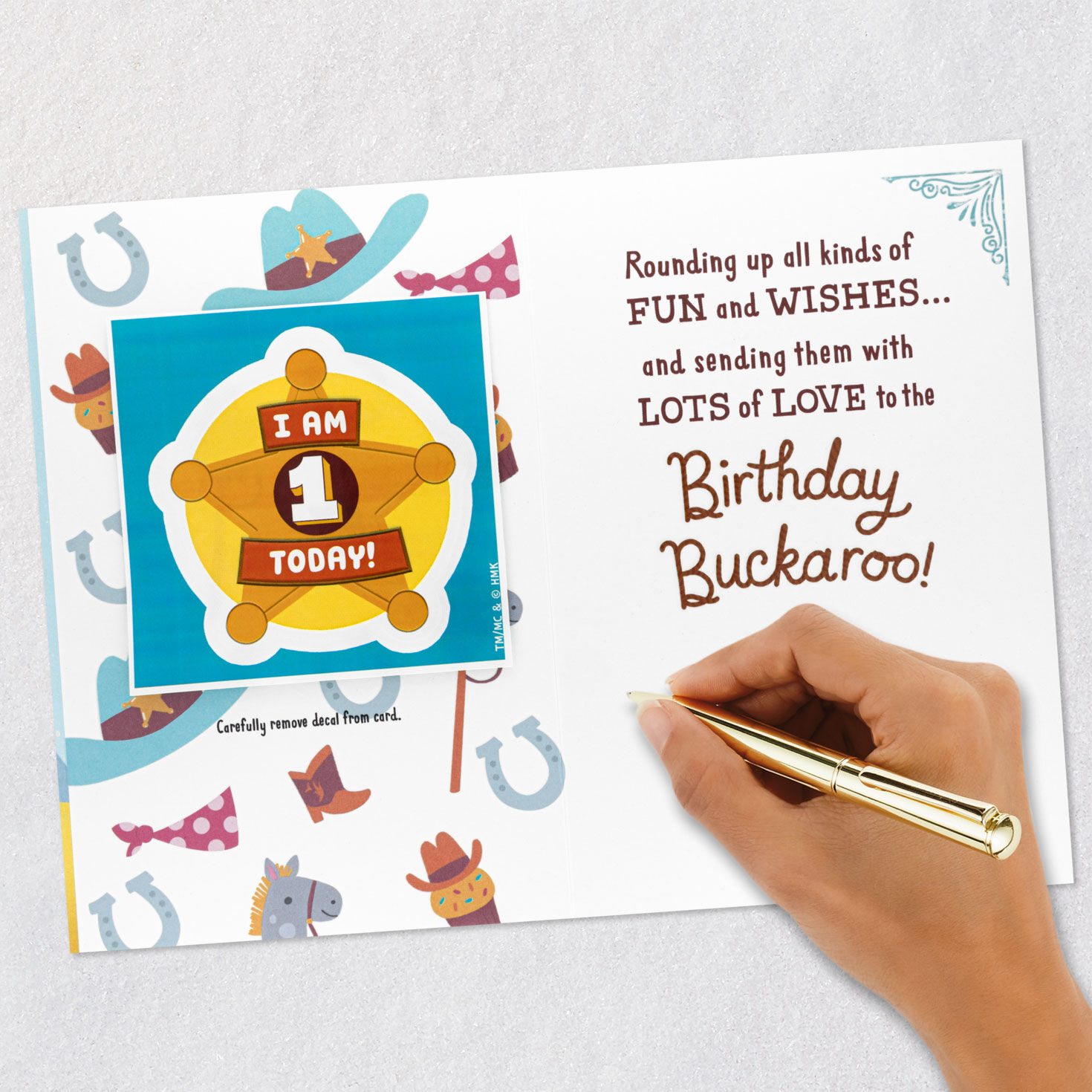 Raccoon Cowboy Grandson First Birthday Card With Decal signing card image number 7