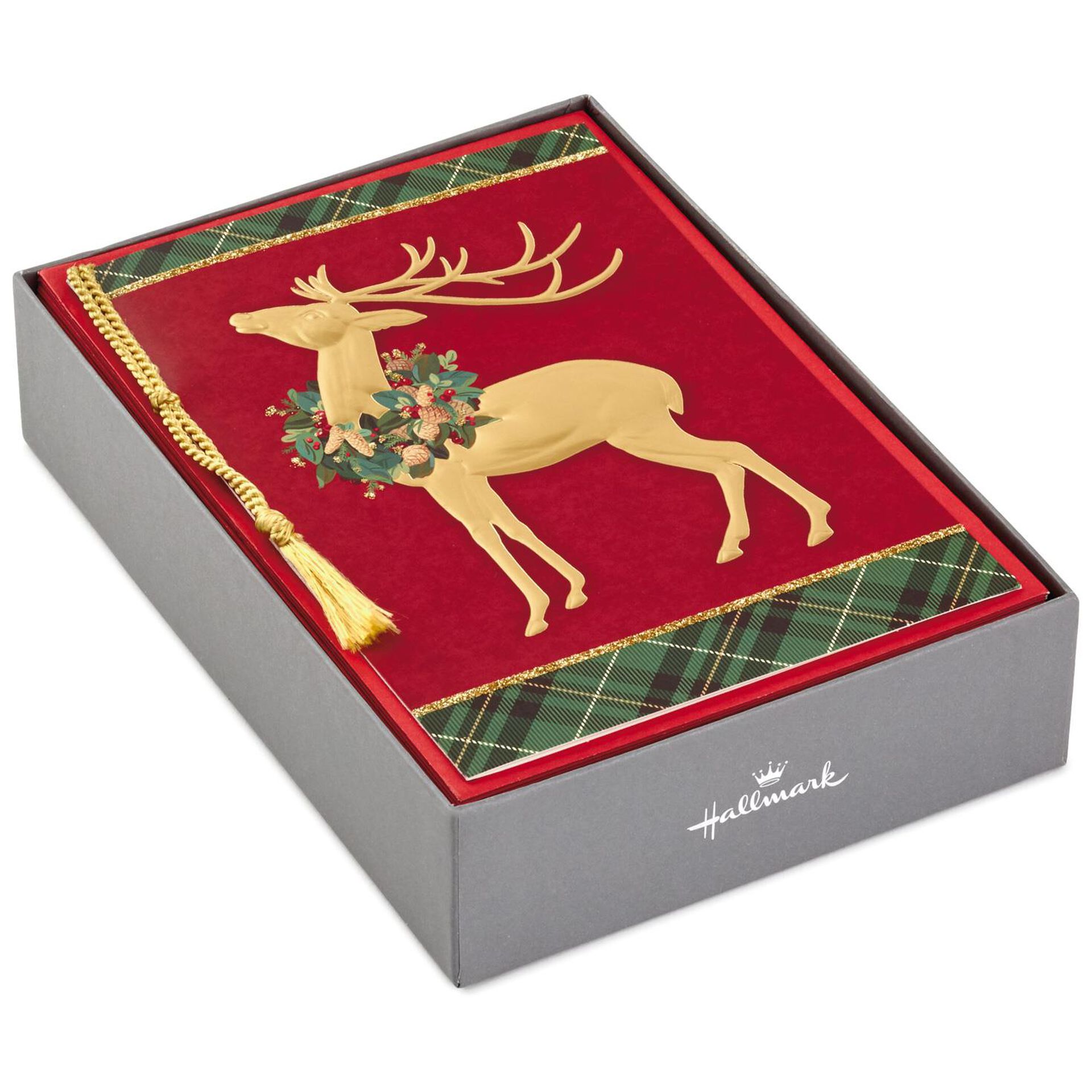 Deer With Wreath on Plaid Christmas Cards, Box of 12 - Boxed Cards - Hallmark