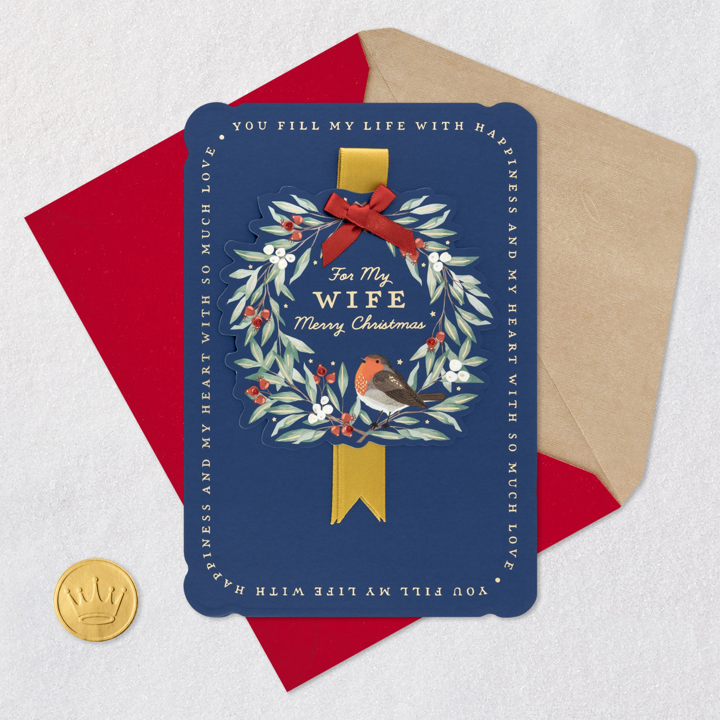 Navy Wreath with Robin Christmas Card for Wife  image number 5