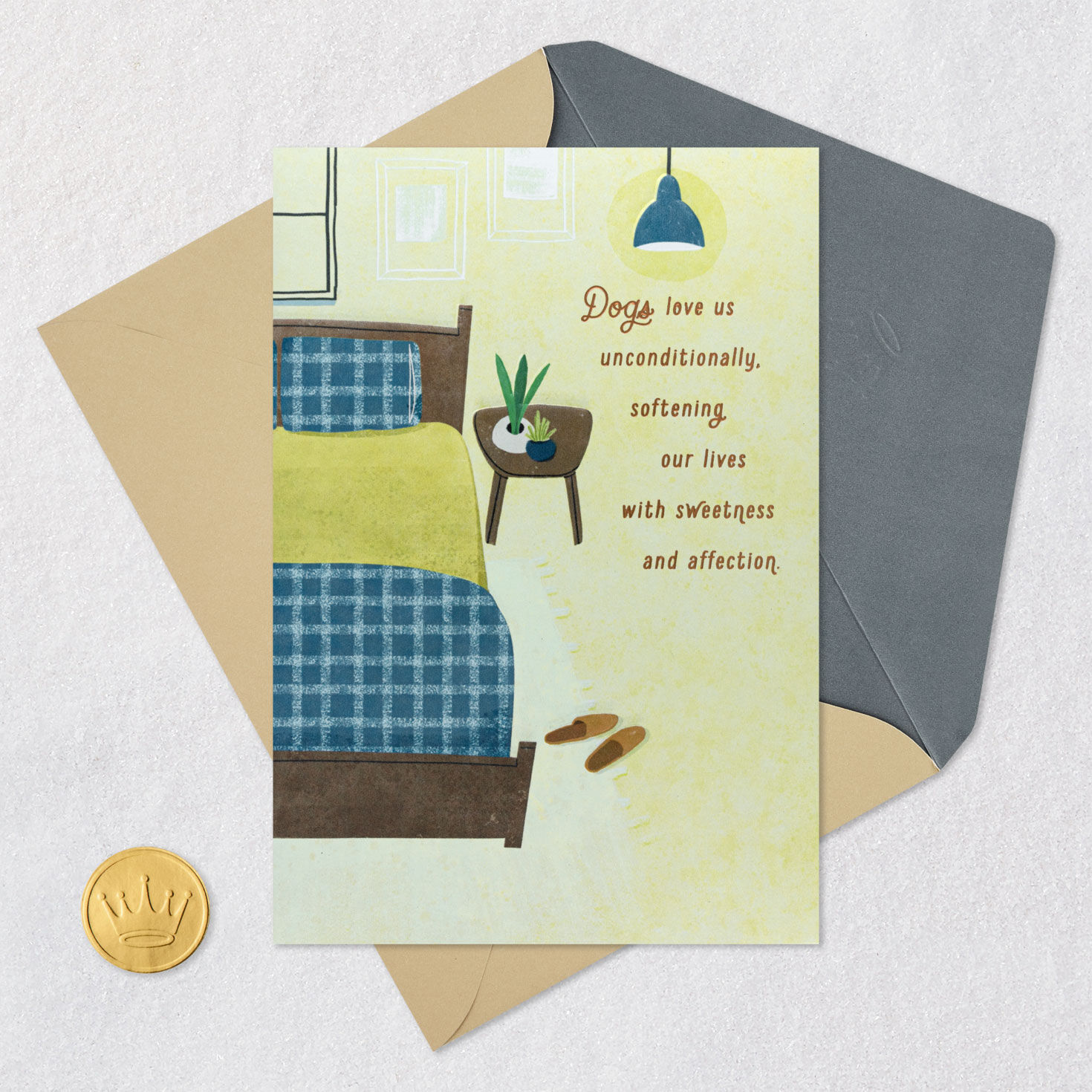 Teal and Green Bed with Slippers Dog Sympathy Card Card Front with Envelope and Gold Seal image number 5