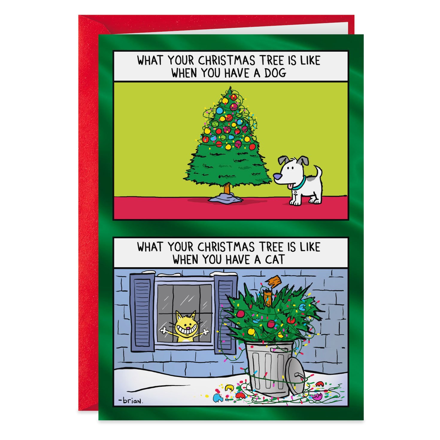 Tree Trimming Cat Versus Dog Funny Christmas Card Greeting