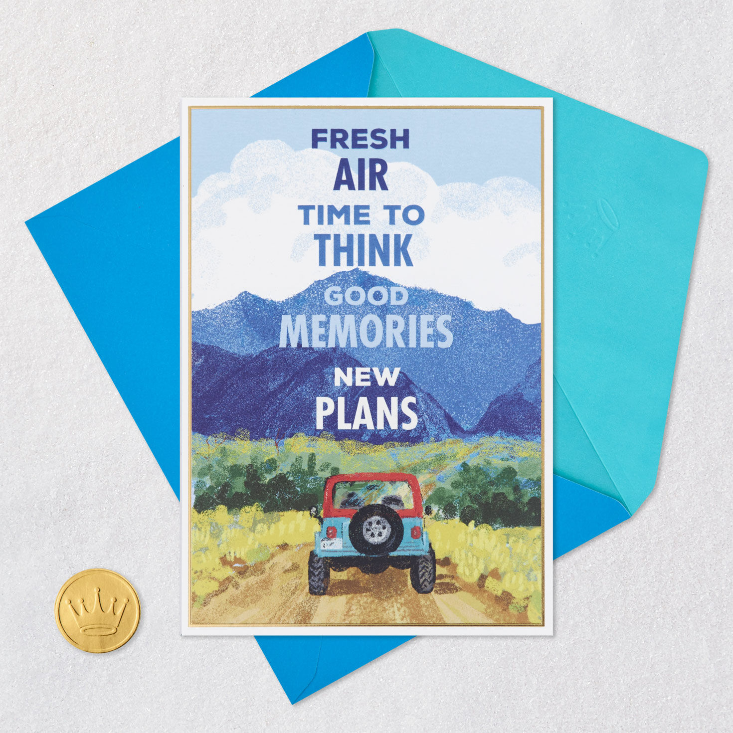 Mountain Landscape and Jeep Birthday Card for Him Card Front with Envelope and Gold Seal image number 5