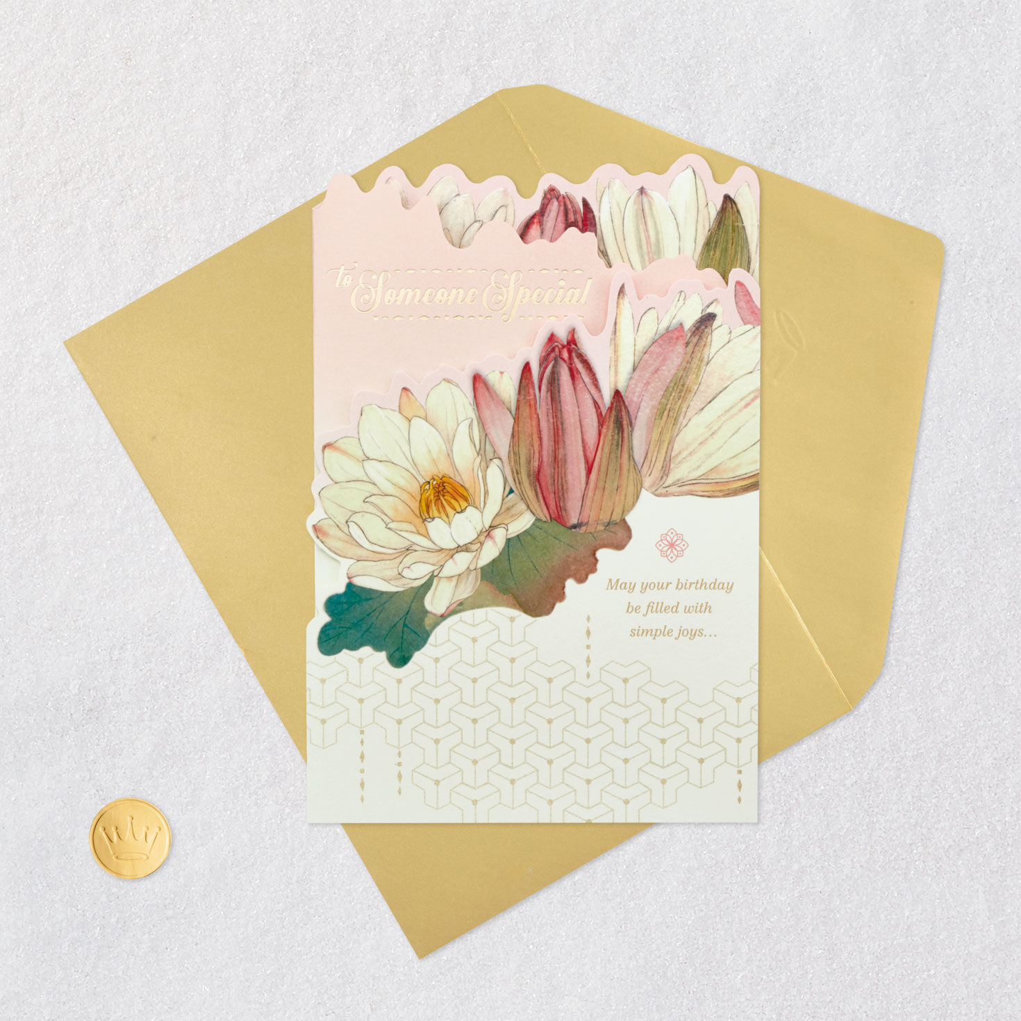 Cream and Pink Lotus Blossoms Birthday Card Card Front with Envelope and Gold Seal image number 7