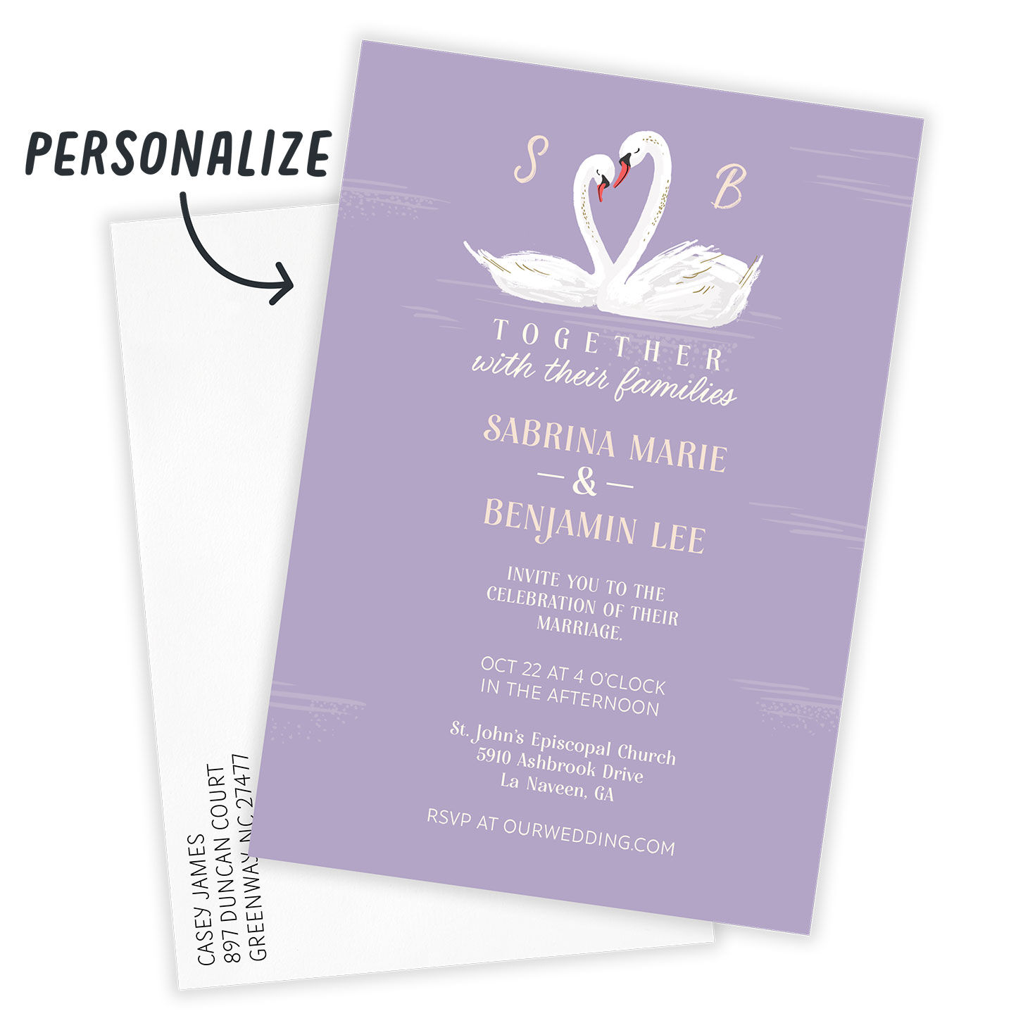 Two Swans on Purple Personalized Wedding Invitation Card front with Envelope indicating personalization image number 2