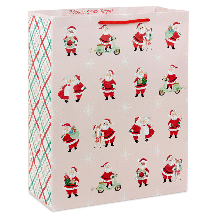 15.5" Vintage Santa Scenes on Pink Extra-Large Christmas Gift Bag