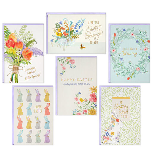 Vibrant Flowers and Bunnies Assorted Boxed Easter Cards, Pack of 36, 