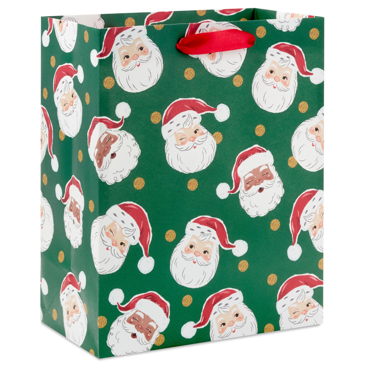 9.6" Santa Faces on Green Medium Christmas Gift Bag
