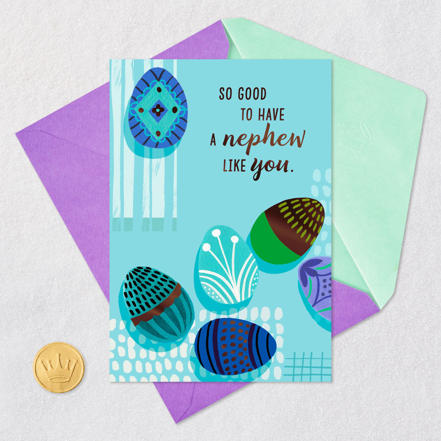 Blue, Teal and Green Abstract Easter Card for Nephew Card Front with Envelope and Gold Seal image number 5