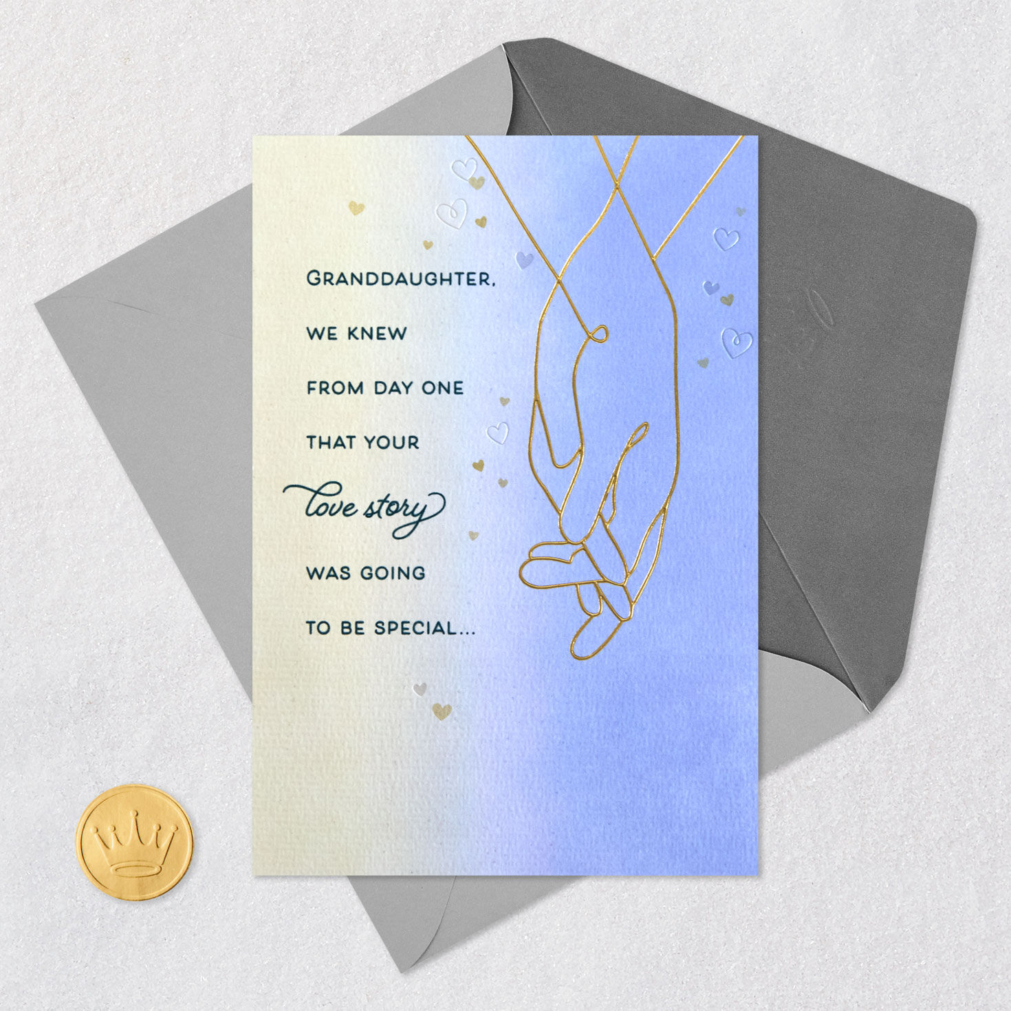 Gold Hands and Hearts on Ombre Blue Anniversary Card for Granddaughter Card Front with Envelope and Gold Seal image number 5