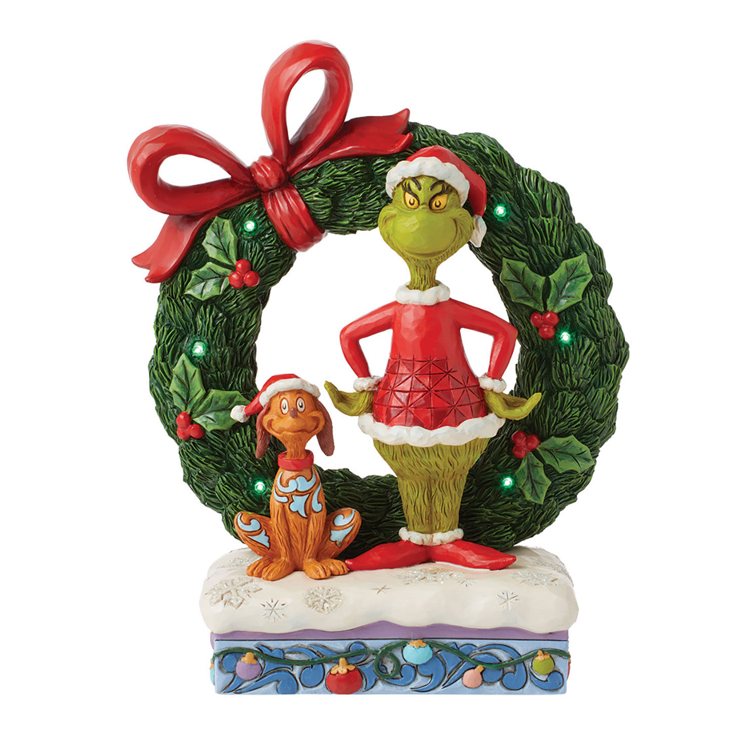 Jim Shore Dr. Seuss Grinch and Max in Wreath Light-Up Figurine, 8.2"