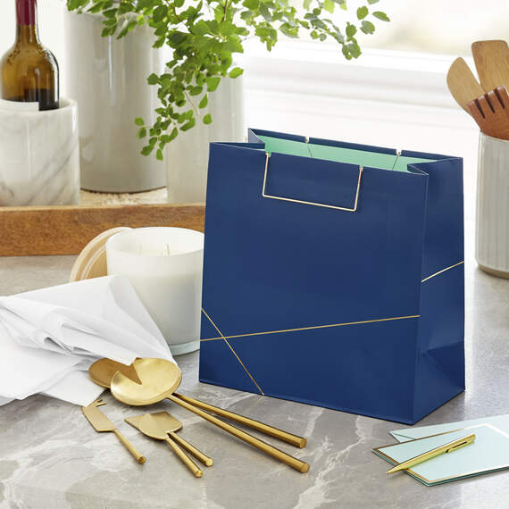 Navy With Gold Large Square Gift Bag, 10.4", , large image number 2