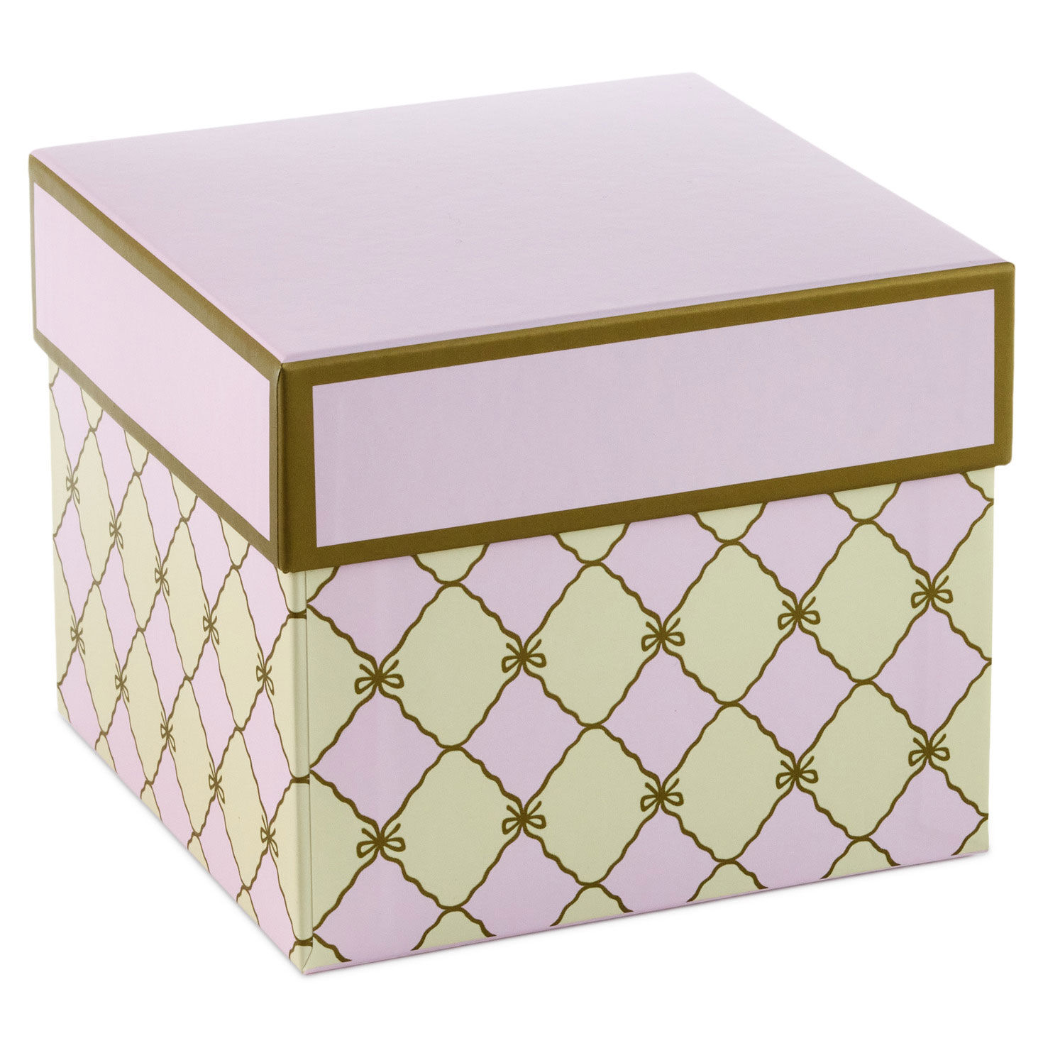 5" Square Gold Bow Lattice on Pink and Cream Gift Box