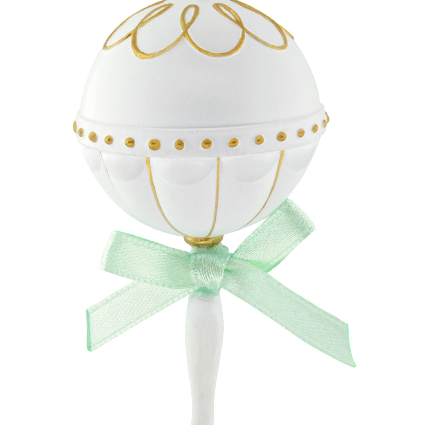 White With Gold Baby Rattle Christmas Ornament closeup view image number 5
