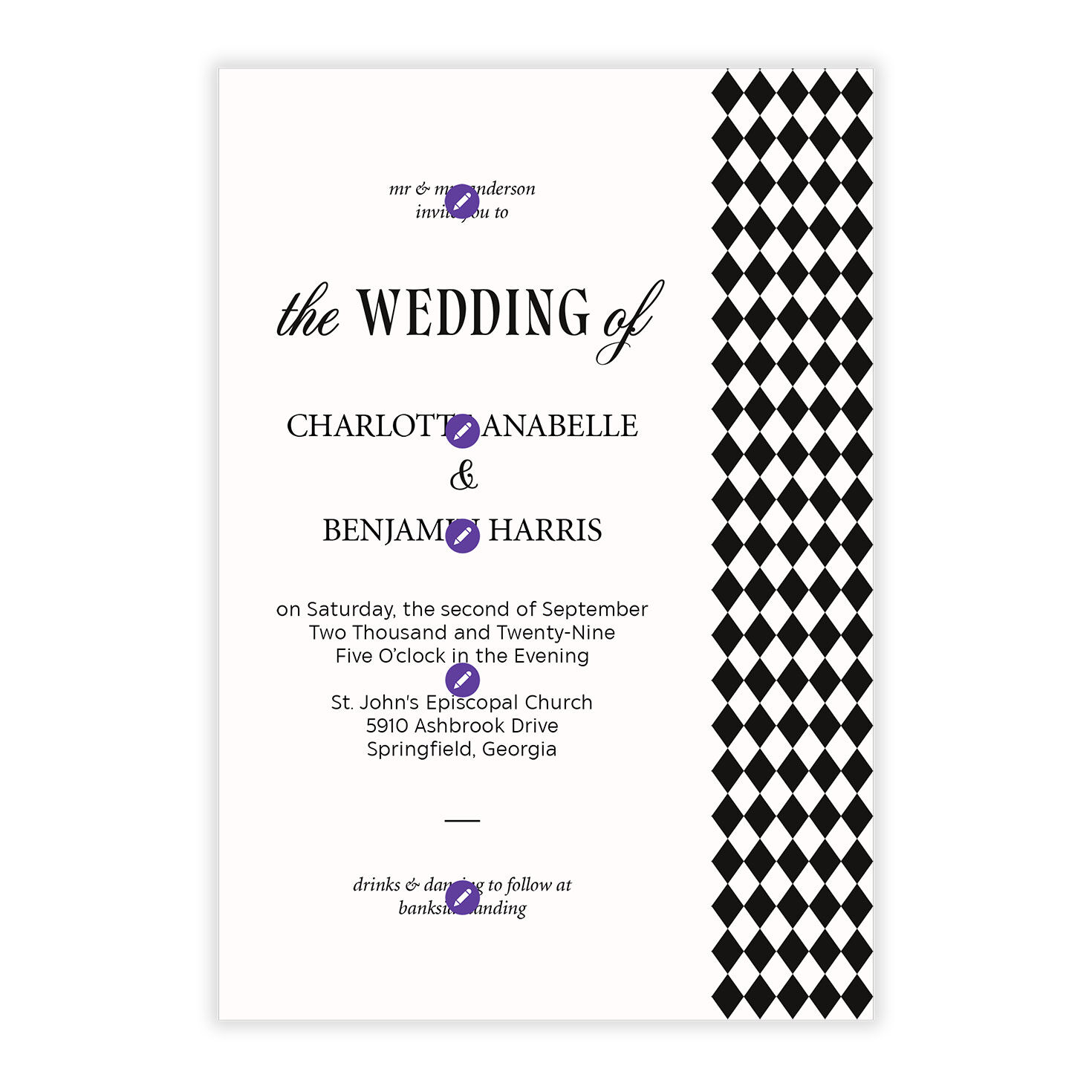 Black White Diamonds Personalized Wedding Invitation Card Front indicating personalization image number 5