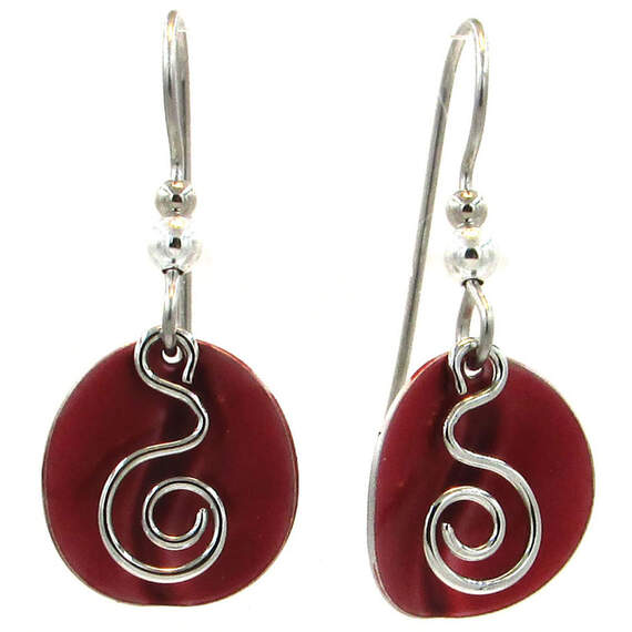 Silver Coil and Red Disc Layered Metal Drop Earrings
