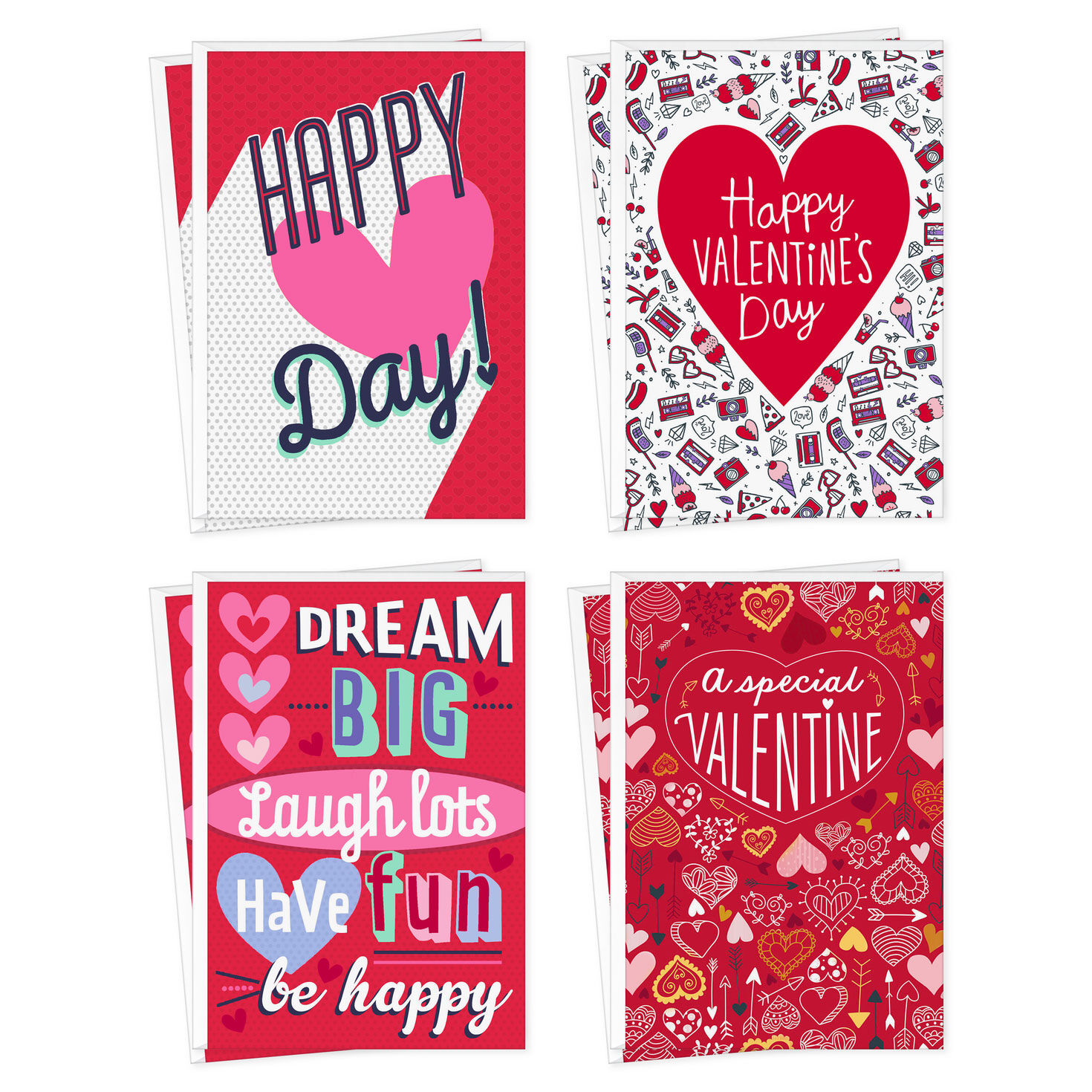 Food Icons and Heart Doodles Assorted Valentine's Day Cards for Kids, Pack of 8