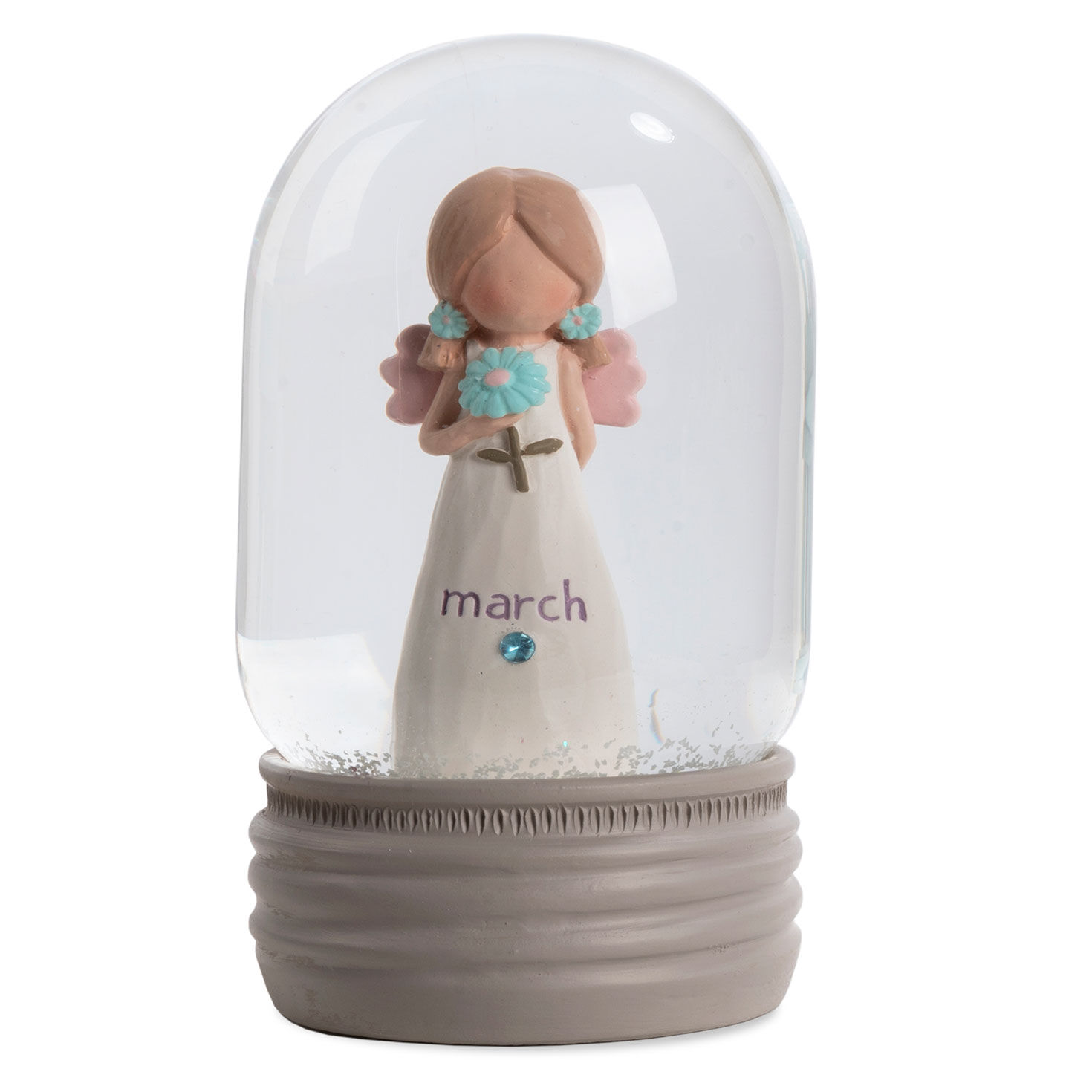 Blossom Bucket March Birthstone Angel Snow Globe, 4.2"
