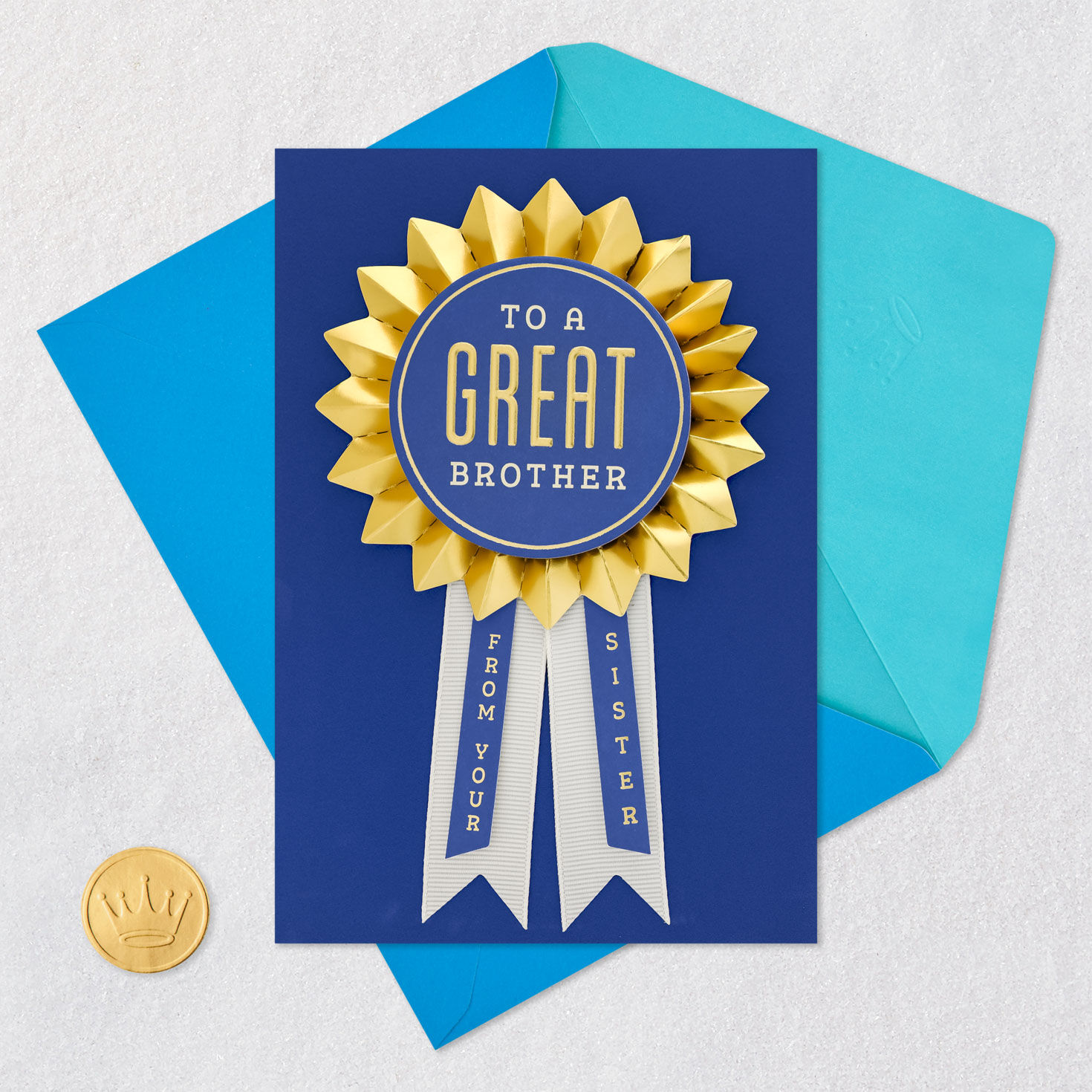 Gold and Blue Ribbon Brother Birthday Card Card Front with Envelope and Gold Seal image number 5