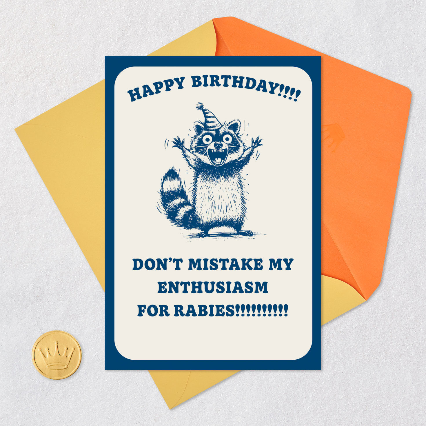 Enthusiastic Raccoon Funny Blank Birthday Card Card Front with Envelope and Gold Seal image number 4