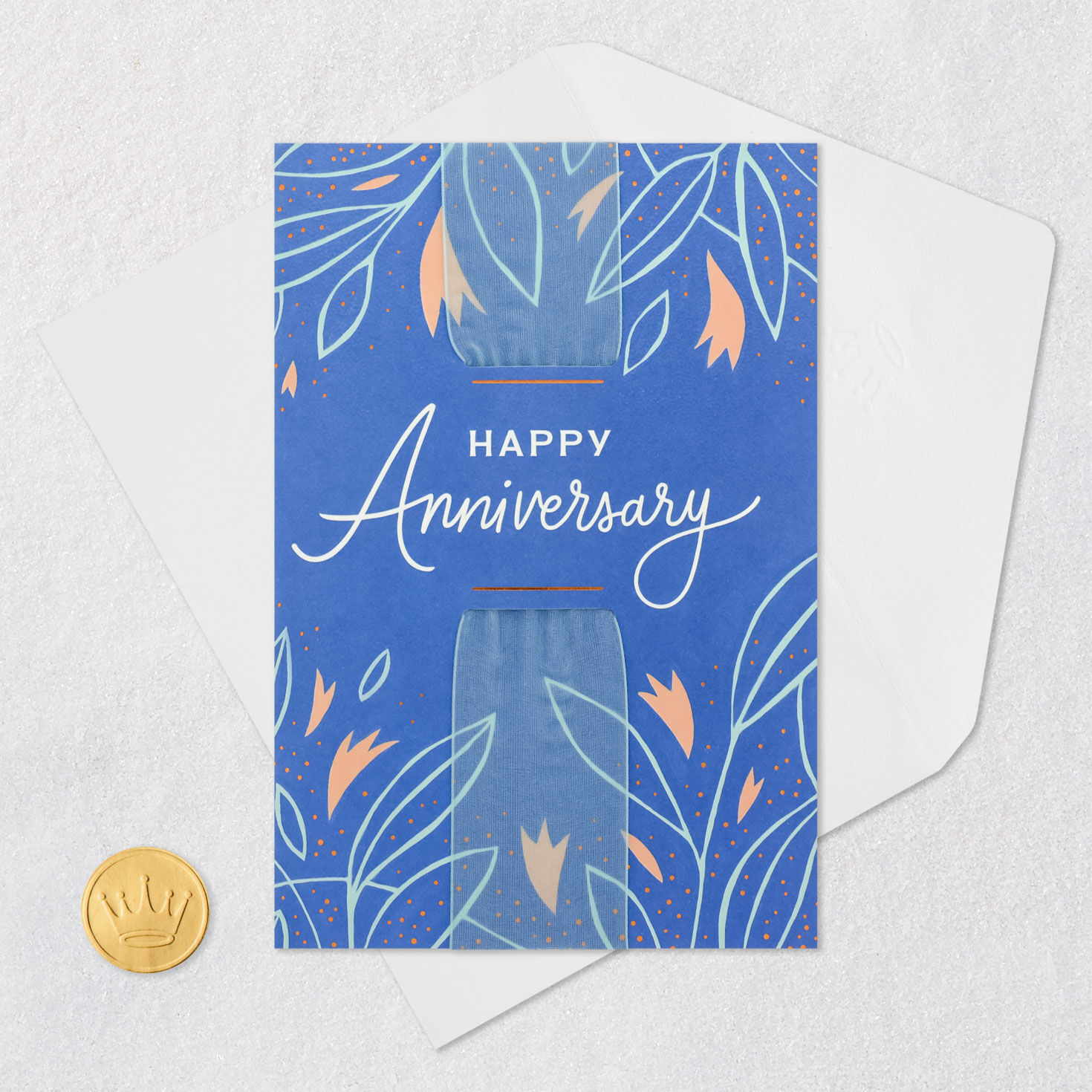 Pink Abstract Flowers on Blue Anniversary Card for Couple Card Front with Envelope and Gold Seal image number 6
