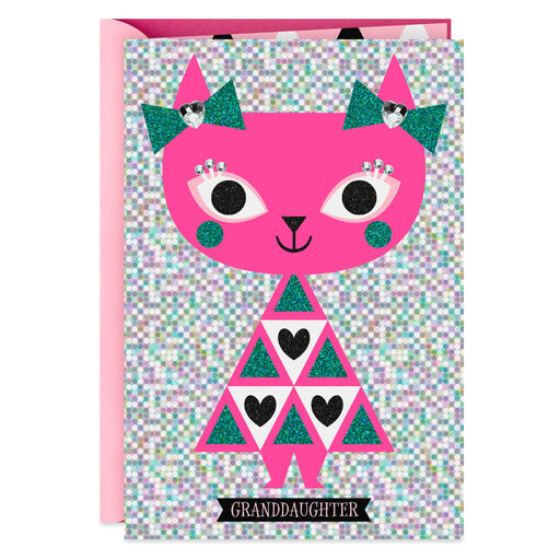 Sparkly Pink Cat Birthday Card for Granddaughter, 