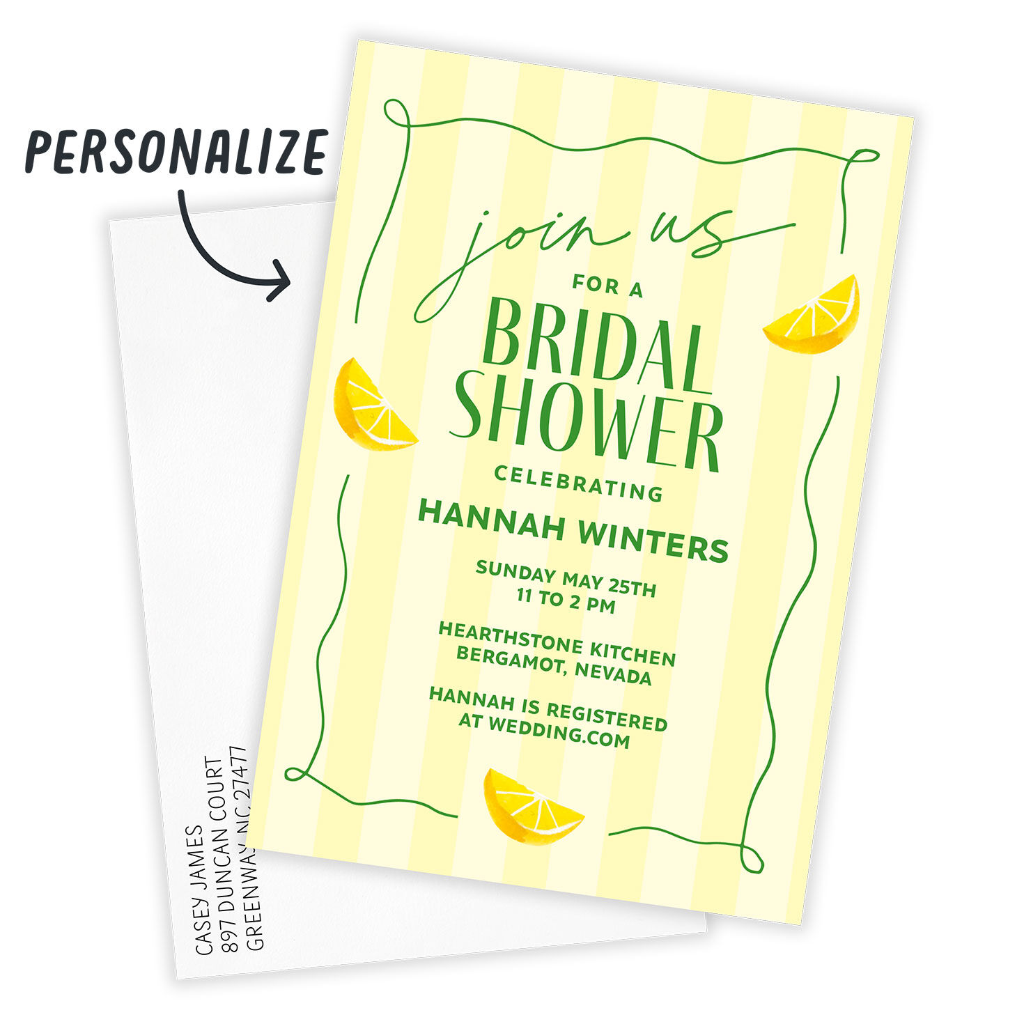 Lemons Yellow Stripes Personalized Shower Invitation Card Front indicating personalization image number 2