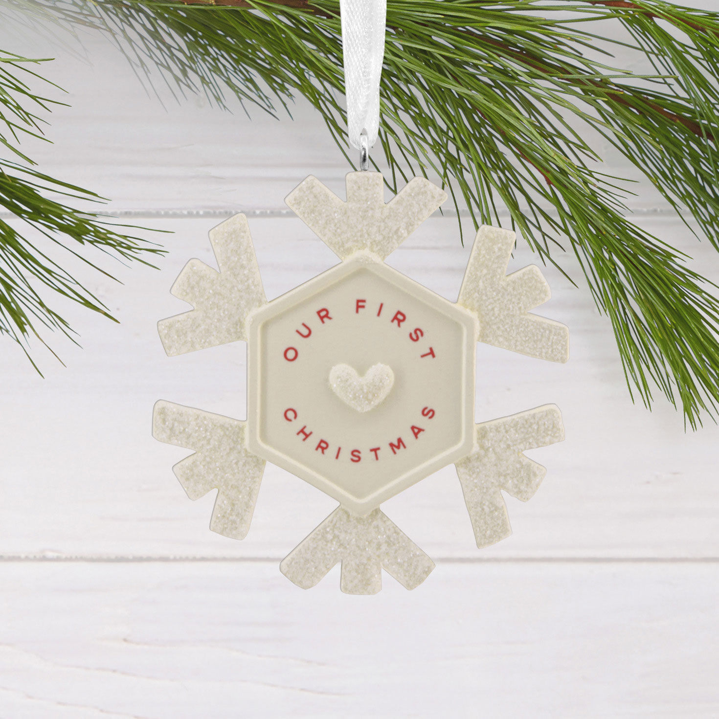 Our First Christmas White Snowflake Ornament hanging on tree image number 2