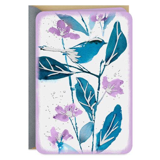 Blue Bird and Purple Flowers Blank Card, 