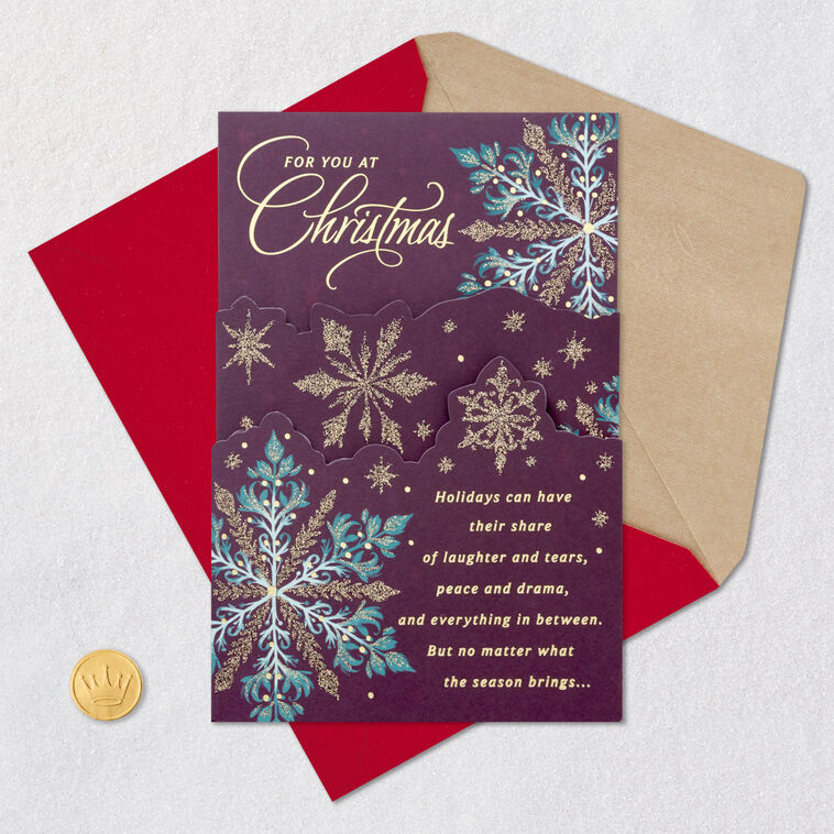 Gold and Blue Snowflakes on Purple Christmas Card Card Front with Envelope and Gold Seal image number 8