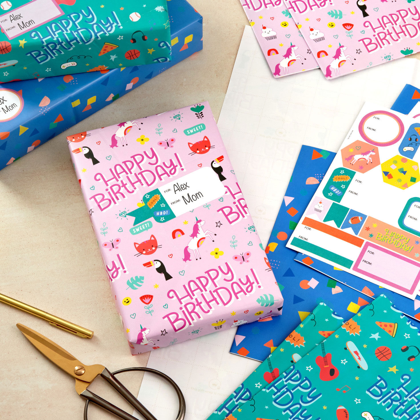 Cute and Colorful Birthday Flat Wrapping Paper Assortment With Gift