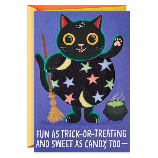 Puffy Fluffy Black Cat Halloween Card for Kids, 