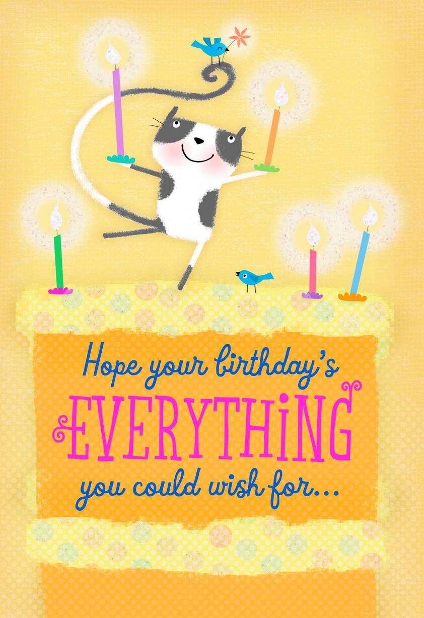 Cat, Bird and Candles Birthday Card
